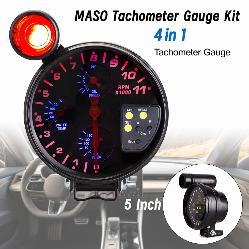 MASO - Tachimetro 4 in 1, 13 cm, giri/min, 12 V, con supporto, con indicatori di cambiata, indicatori di pressione e temperatura olio, per auto