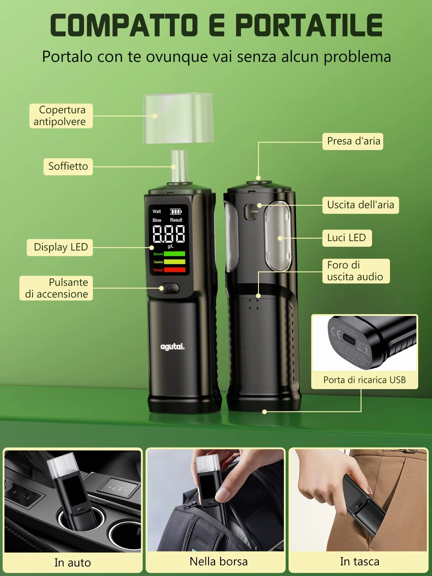 Etilometro Portatile Certificato USB C Ricaricabile Alcol Test con Display LCD - 10 Bocchini