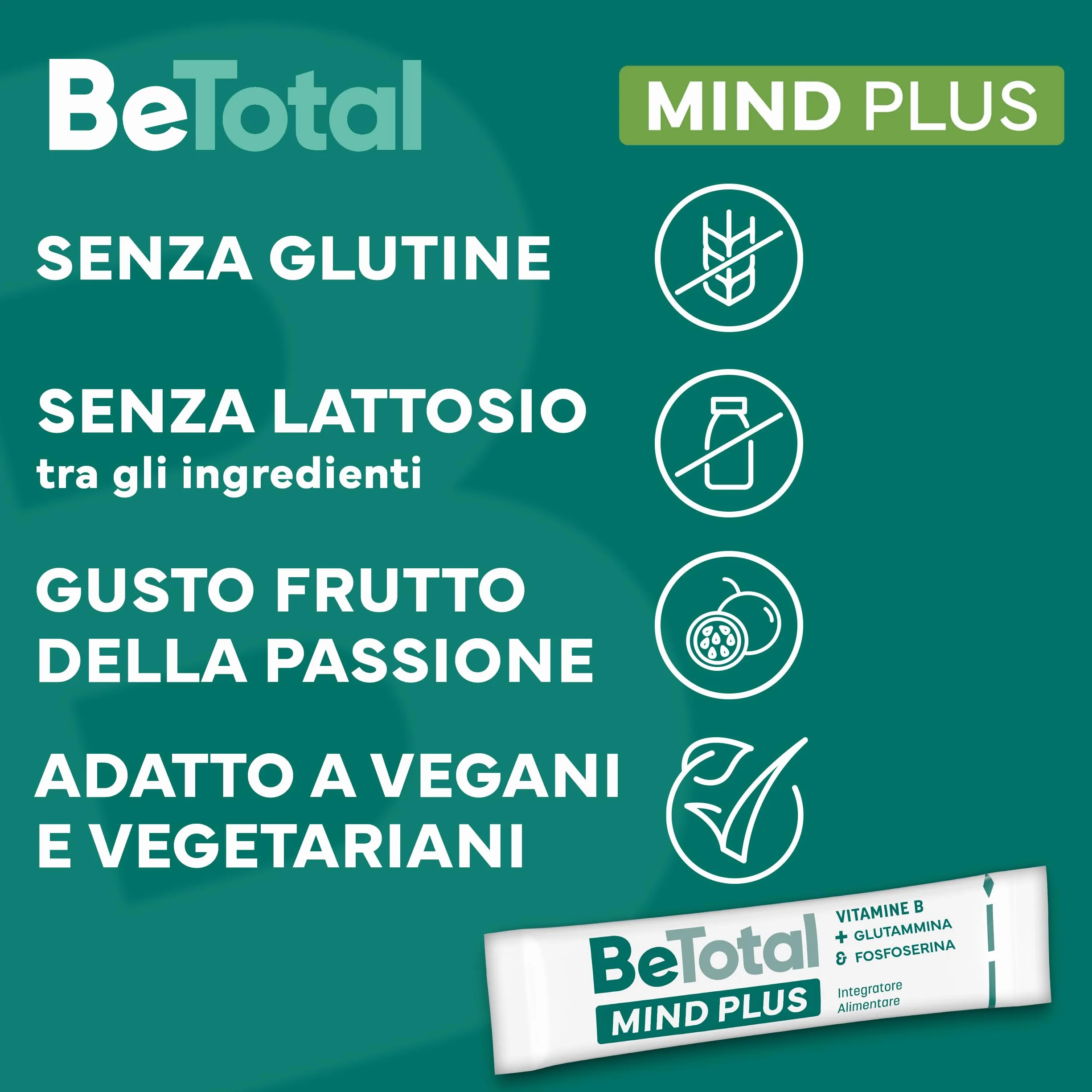 Be-Total Mind Plus Integratore Alimentare con Vitamina B, Fosfoserina, L-Glutammina, Supporto per Stanchezza Mentale, Memoria e Concentrazione, 20 Bustine