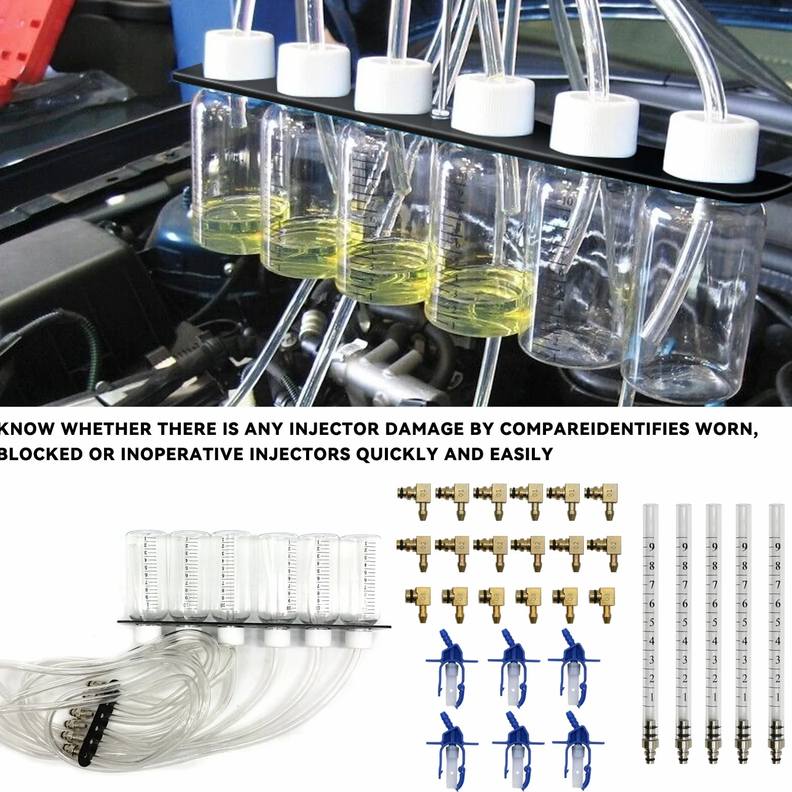 Kit di Test Perdite Diesel Common Rail con Flussometro Iniettori 6 Cilindri 24 Adattatori