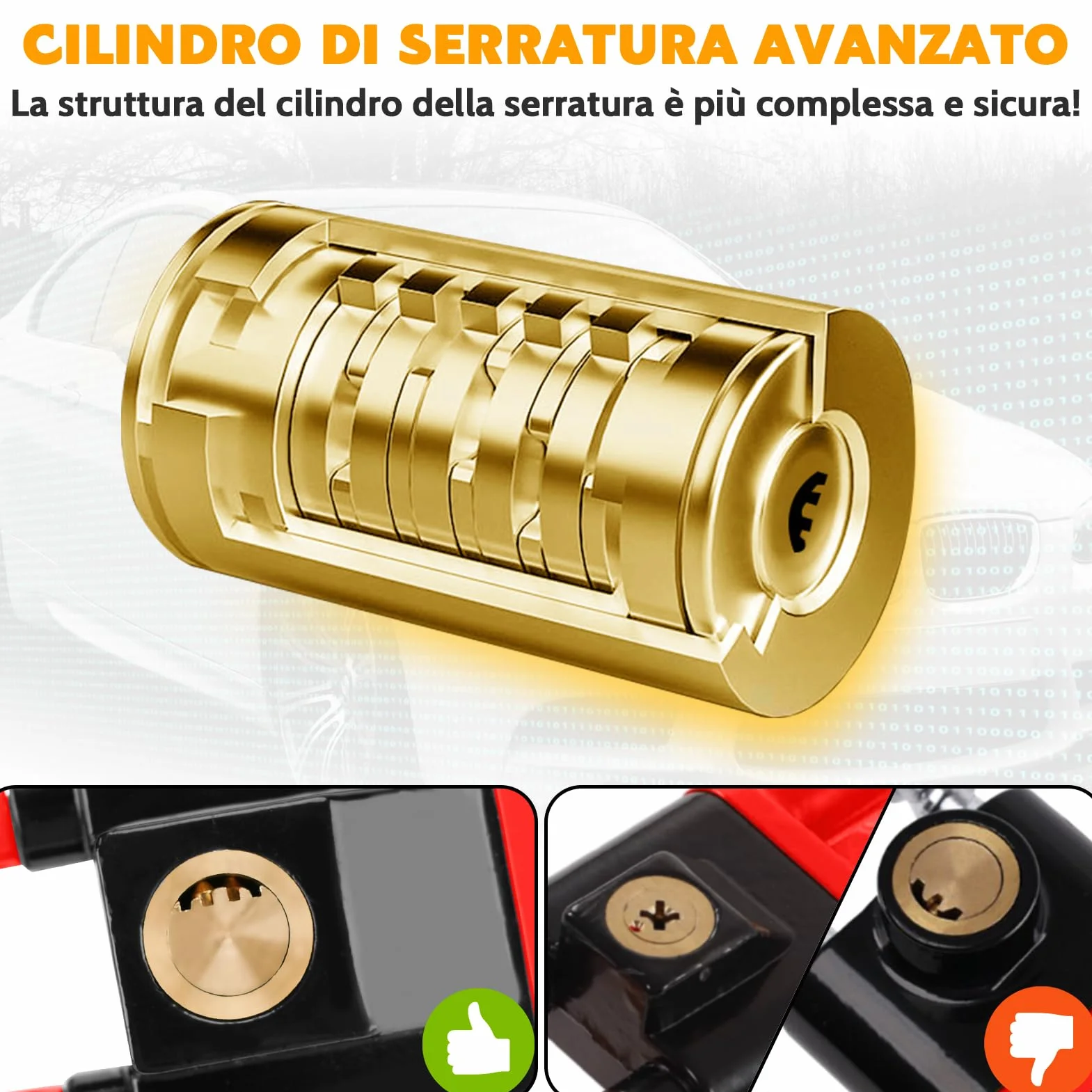 Tevlaphee Blocca Sterzo Automobile, Bloccasterzo Auto, Alta Visibilità, 3 Chiavi (Rosso)