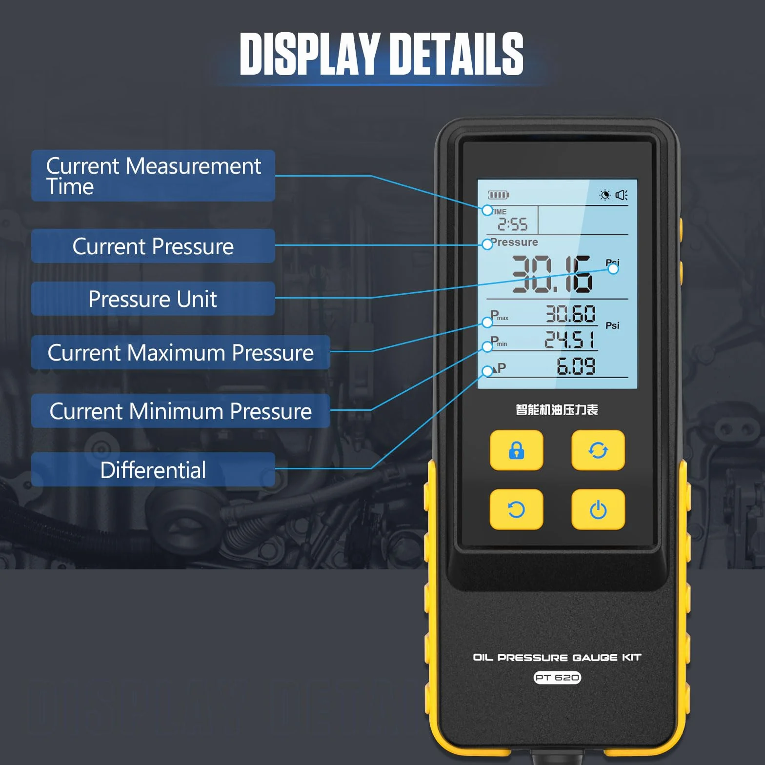 PT620 Strumento del tester di pressione dell'olio, 0-426 PSI 0~29bar Strumenti diagnostici della prova di pressione dell'olio del motore di Digital con il tubo di prova & 17 connettori