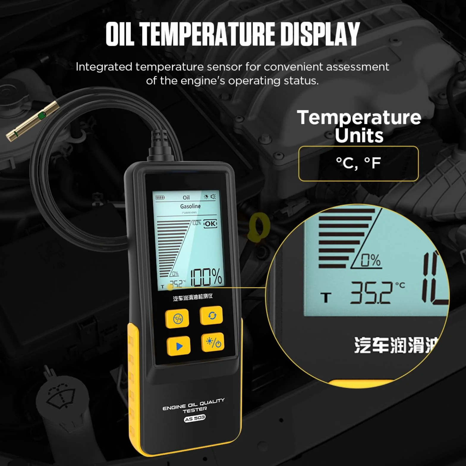 Tester di qualità dell'olio Motore AS503 Tester dell'olio Motore con Schermo da 2,8", sonda di rilevamento ad Alta precisione, Display della Temperatura dell'olio di Trasmissione per Benzina e Diesel