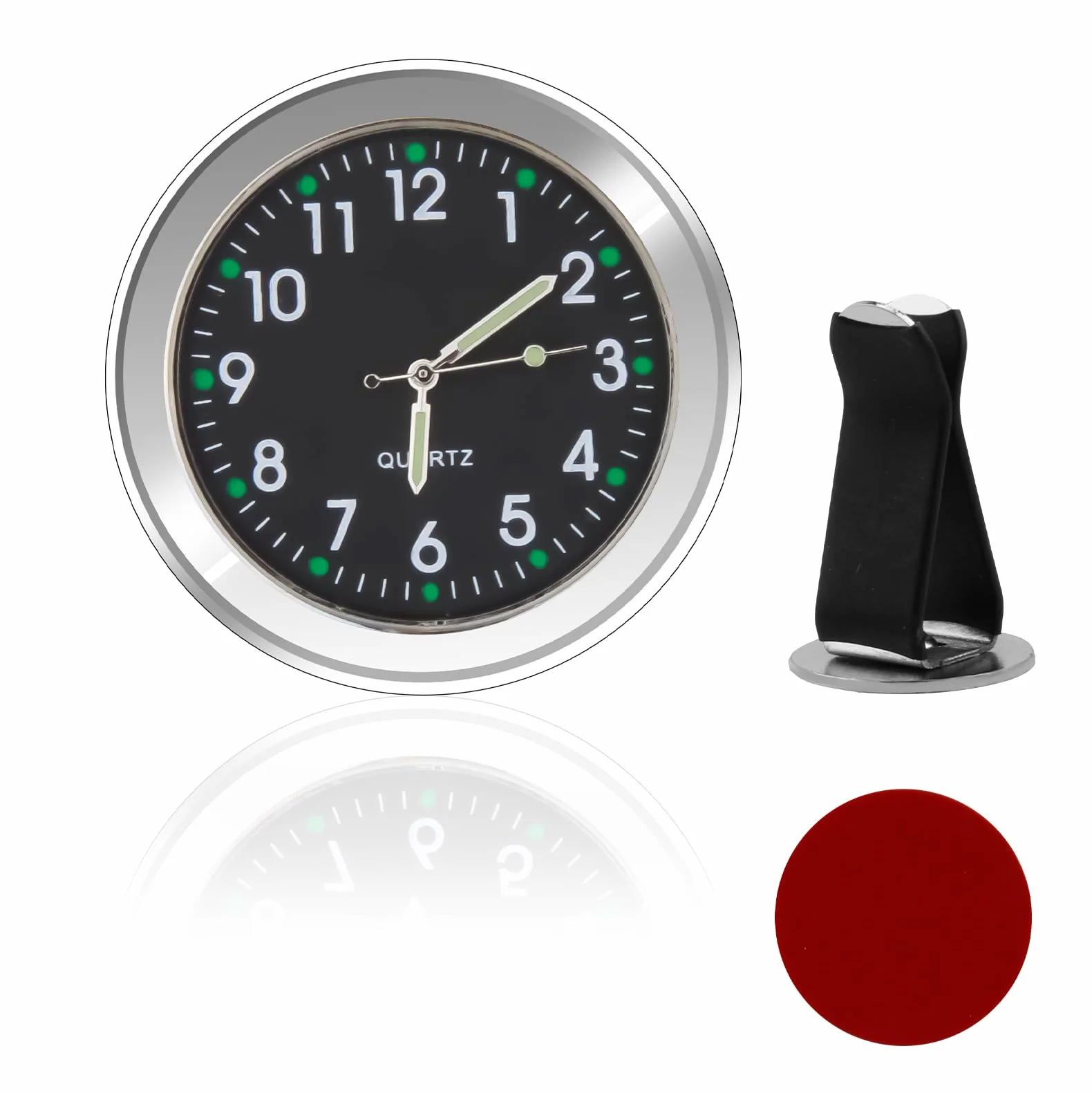 Orologio Universale Luminoso al Quarzo con Clip per Bocchetta dell'Aria e Adesivo per Decorazione Interni per Auto (Nero)