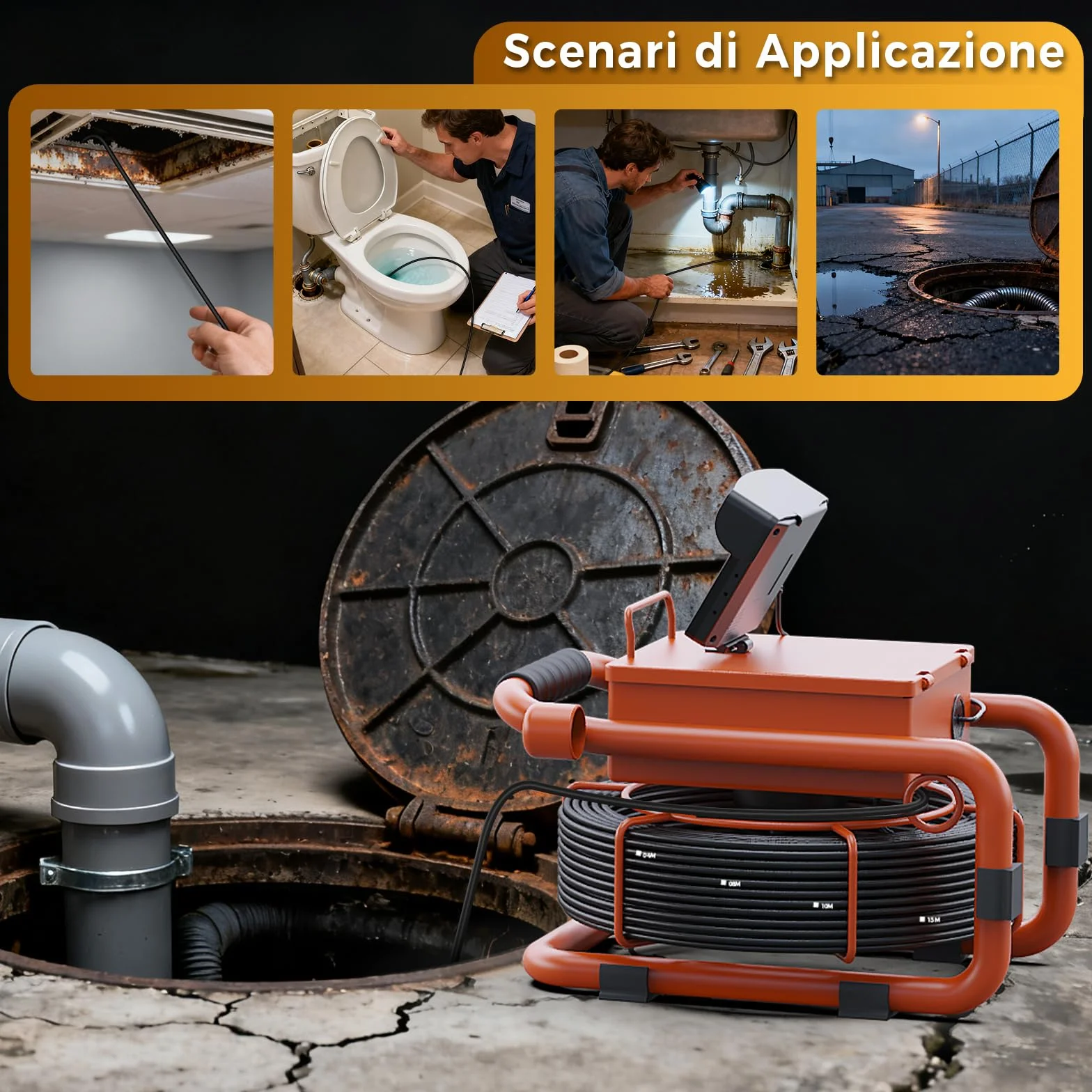 Telecamera di Ispezione 30m con DVR, Scheda 32GB, Batteria 5600 mAh, 12 LED