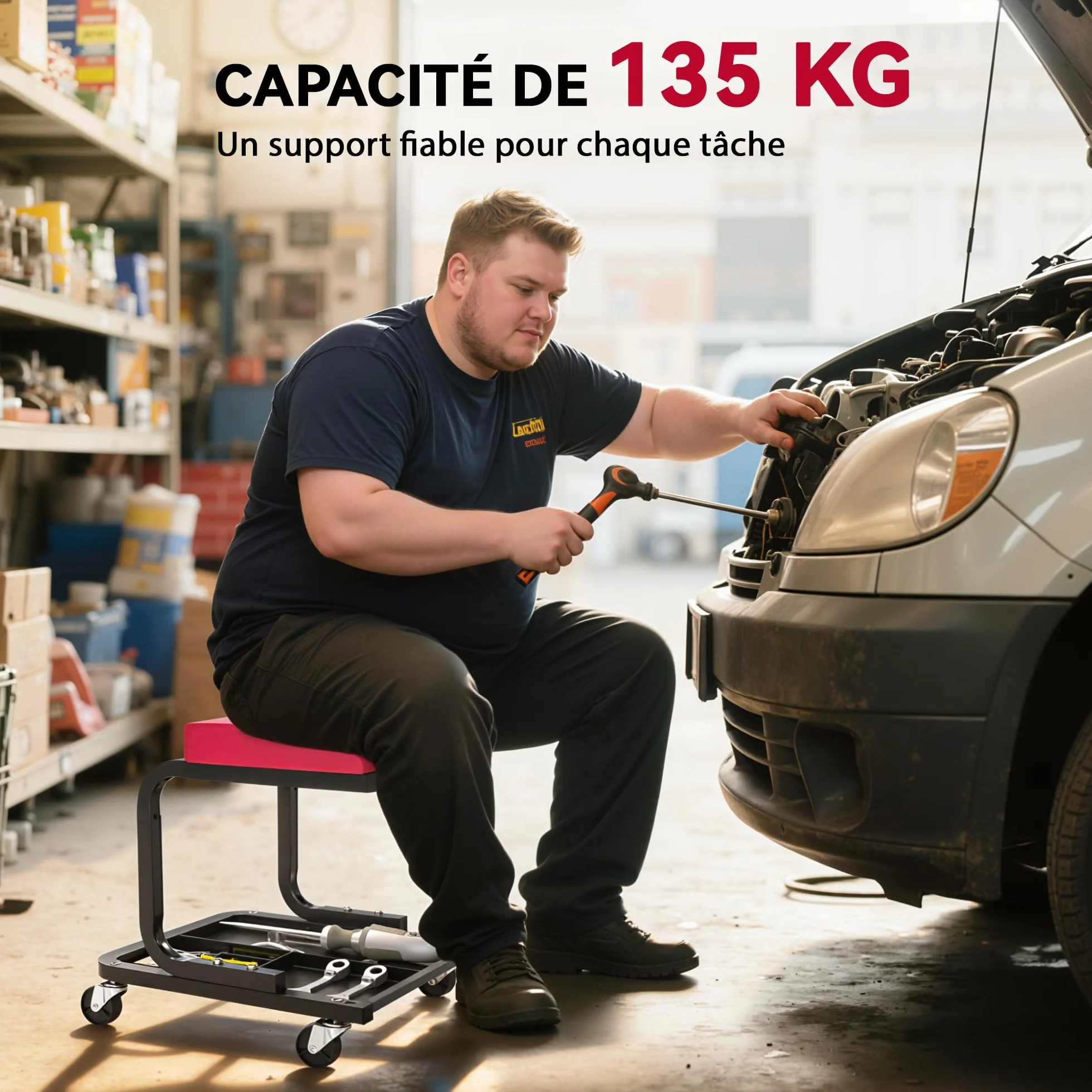HOMCOM Sgabello da meccanico sgabello mobile da officina, portata 135 kg, incluso vassoio porta attrezzi, sedile da officina con rotelle lisce, girevole a 360°, per manutenzione, riparazioni auto,