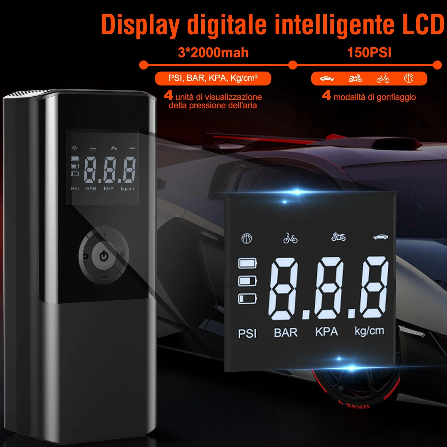 Compressore Aria Portatile 150PSI 6000mAh Auto 15L/min con Luce LED e Display LCD
