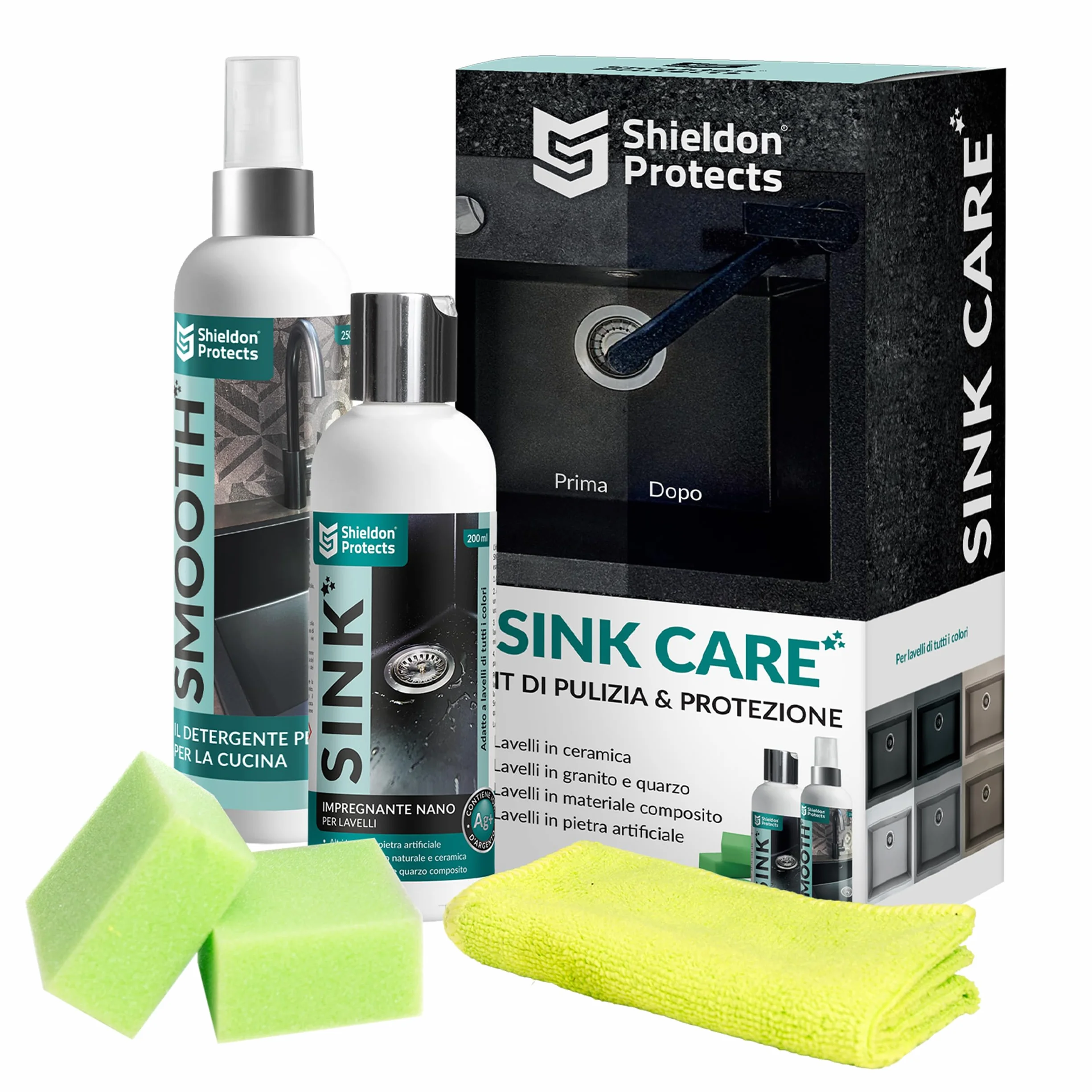 Shieldon Set di 2 Detergente e Impregnante per Lavello in Granito 250ml 200ml Protezione e Cura Nero