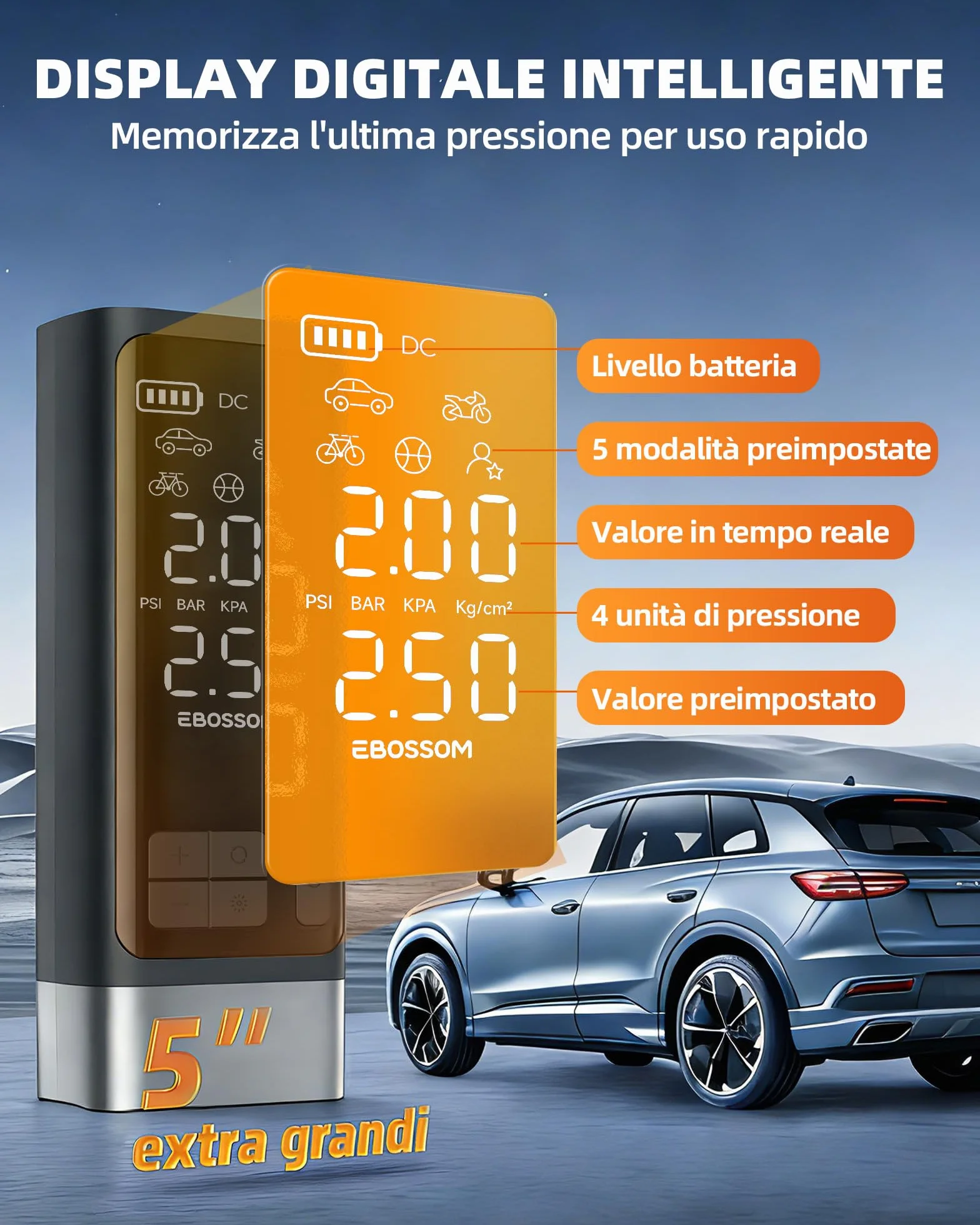 Compressore Aria Portatile Auto, Compressore 10,3Bar, Pompa D'aria Multifunzione a Motore Bicilindrico Con 2500 mAh, Kit Di Emergenza per Veicoli Grandi, Pick-up, Motori. Con Illuminazione Led