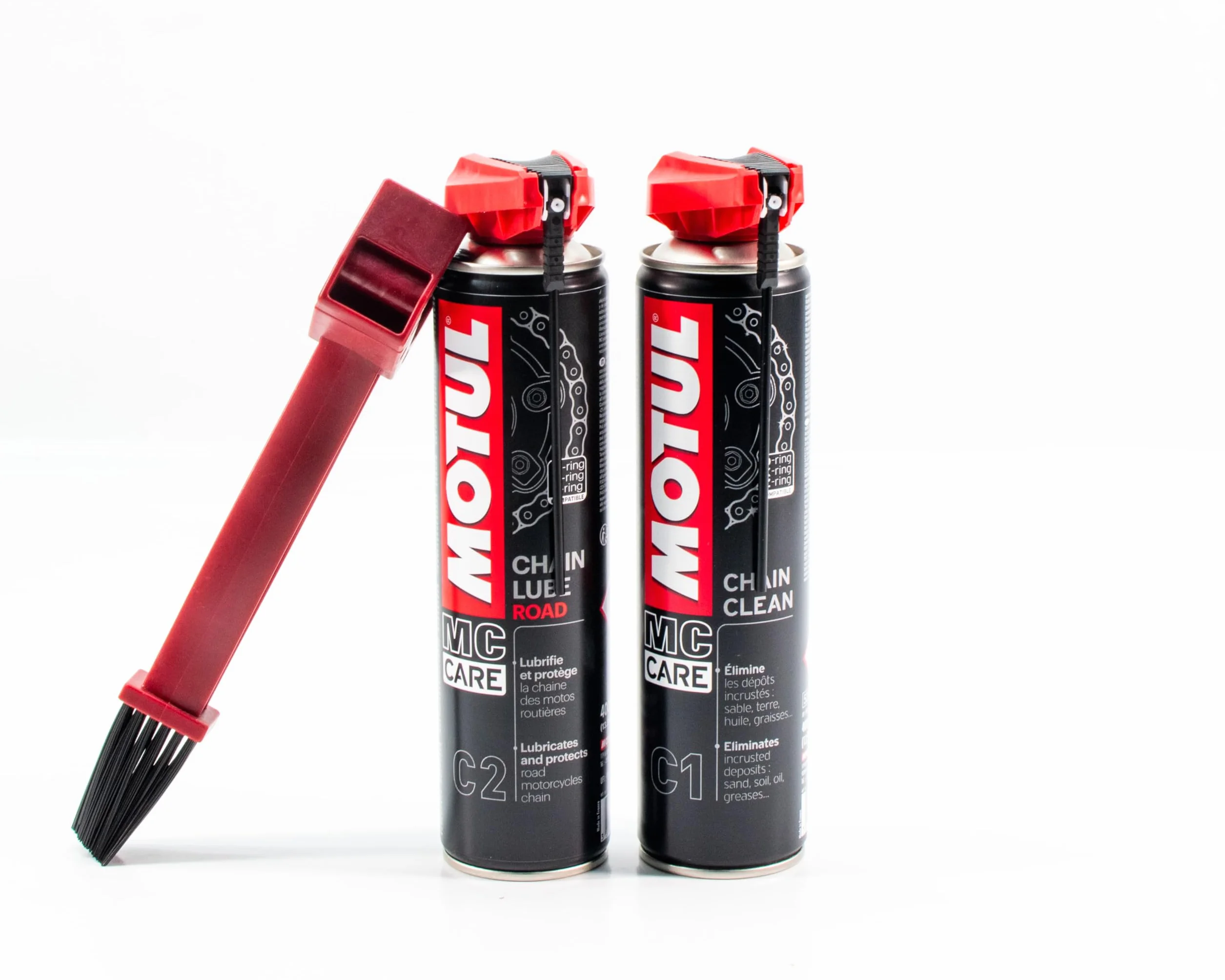Gazoobike Confezione di manutenzione catena moto MC Care, detergente C1 400 ml + lubrificante C2 400 ml con spazzola di pulizia, kit completo per catena di moto