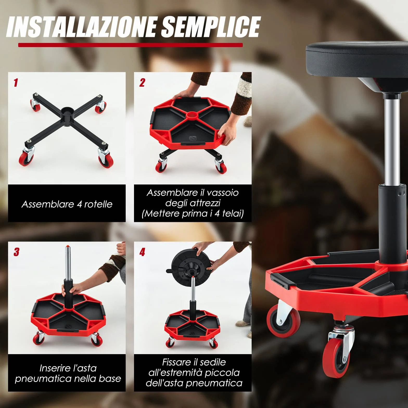 COSTWAY Sgabello da Officina con Ruote, 150 kg, Altezza Regolabile, Girevole, Rosso