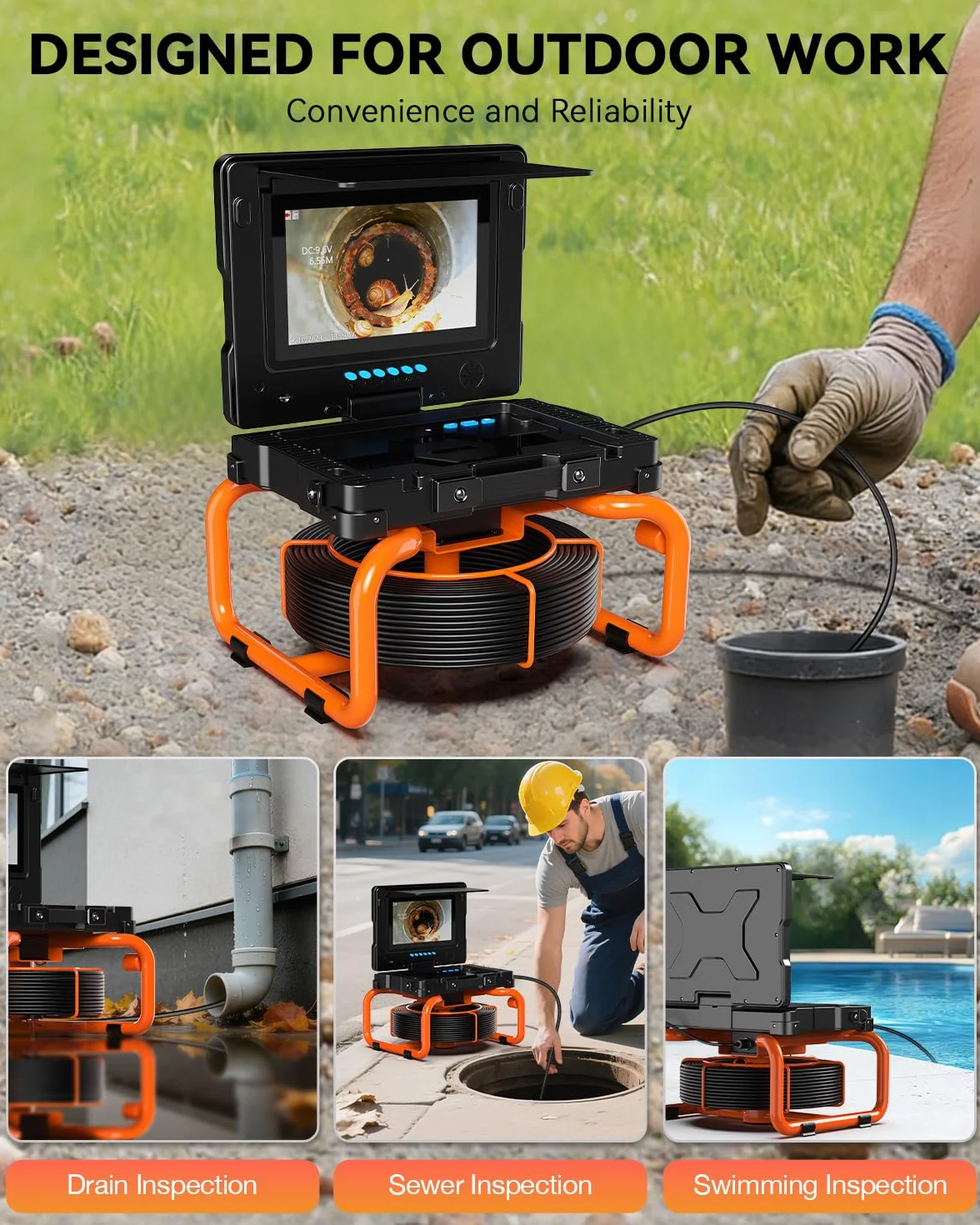 Telecamera Ispezione Tubazioni 9'' HD 1080P Endoscopio con Schermo IPS, Autolivellante, Contatore Distanza, 32 GB