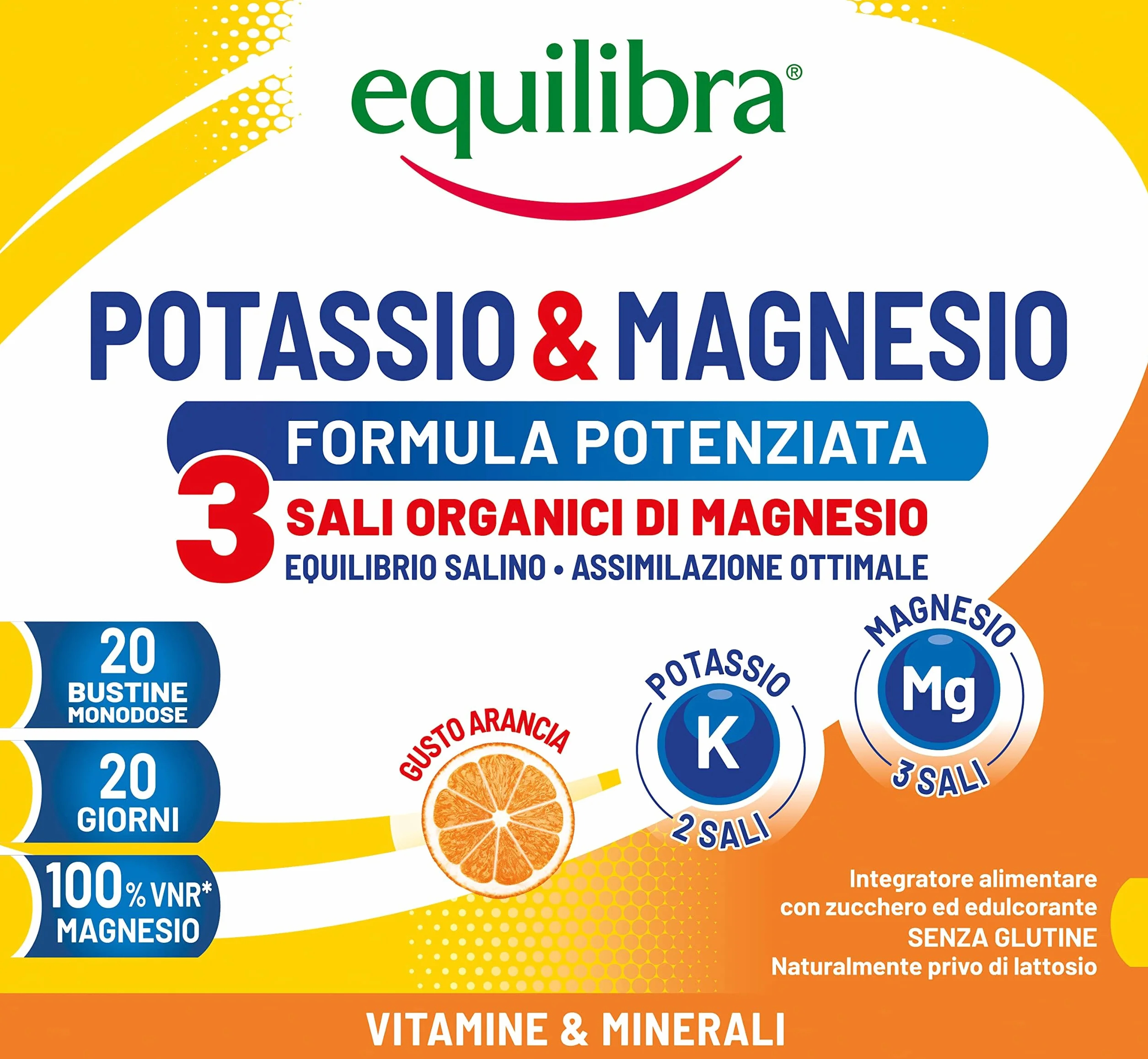 Equilibra Potassio e Magnesio 3 Formula Potenziata Integratore Sali Minerali Gusto Arancia 20 Bustine