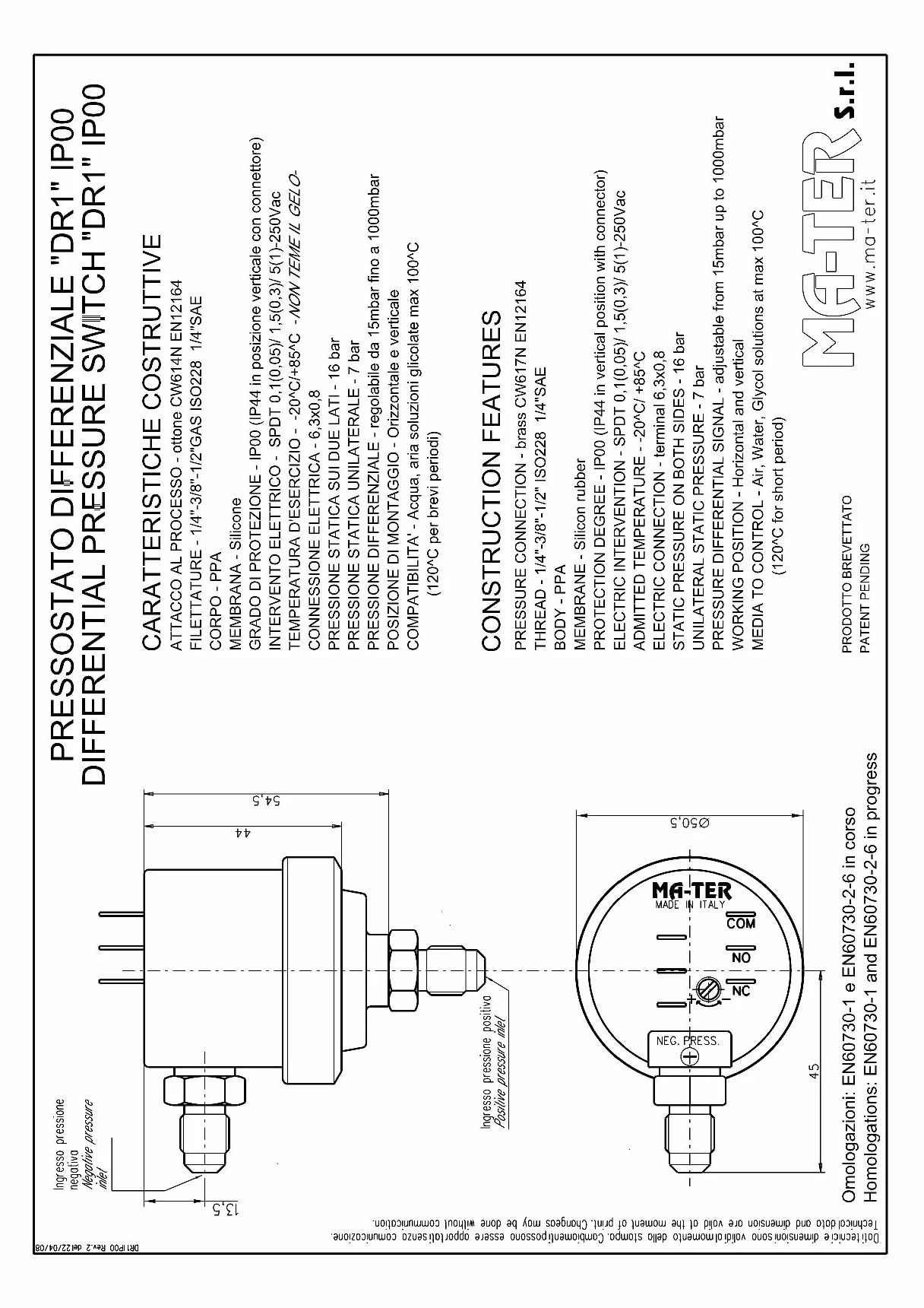 Mater Pressostato differenziale DR1 50mbar 230V filettatura 1/4 di pollice