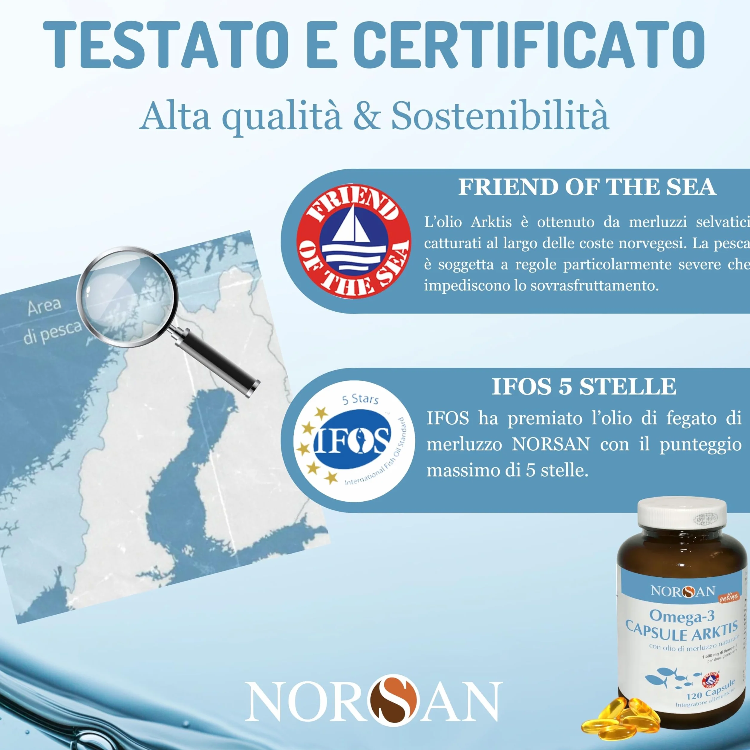 NORSAN Omega 3 Capsule Arktis 1x120 pz 1.500 mg EPA DHA Olio di fegato di merluzzo IFOS senza reflusso
