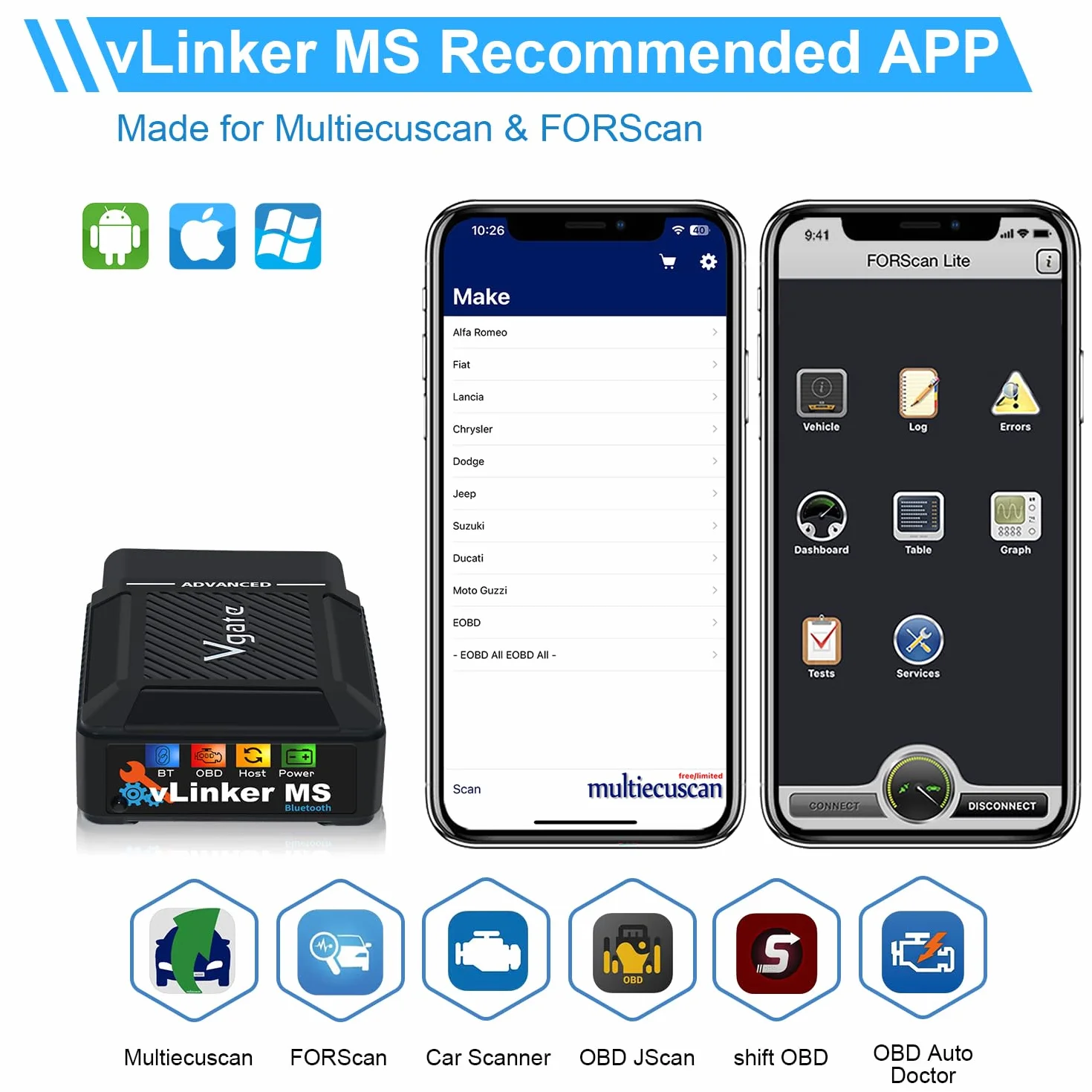 Vgate vLinker MS Bluetooth MFI OBD2 diagnostico lettore codici errore OBDII compatibile iOS Android Windows