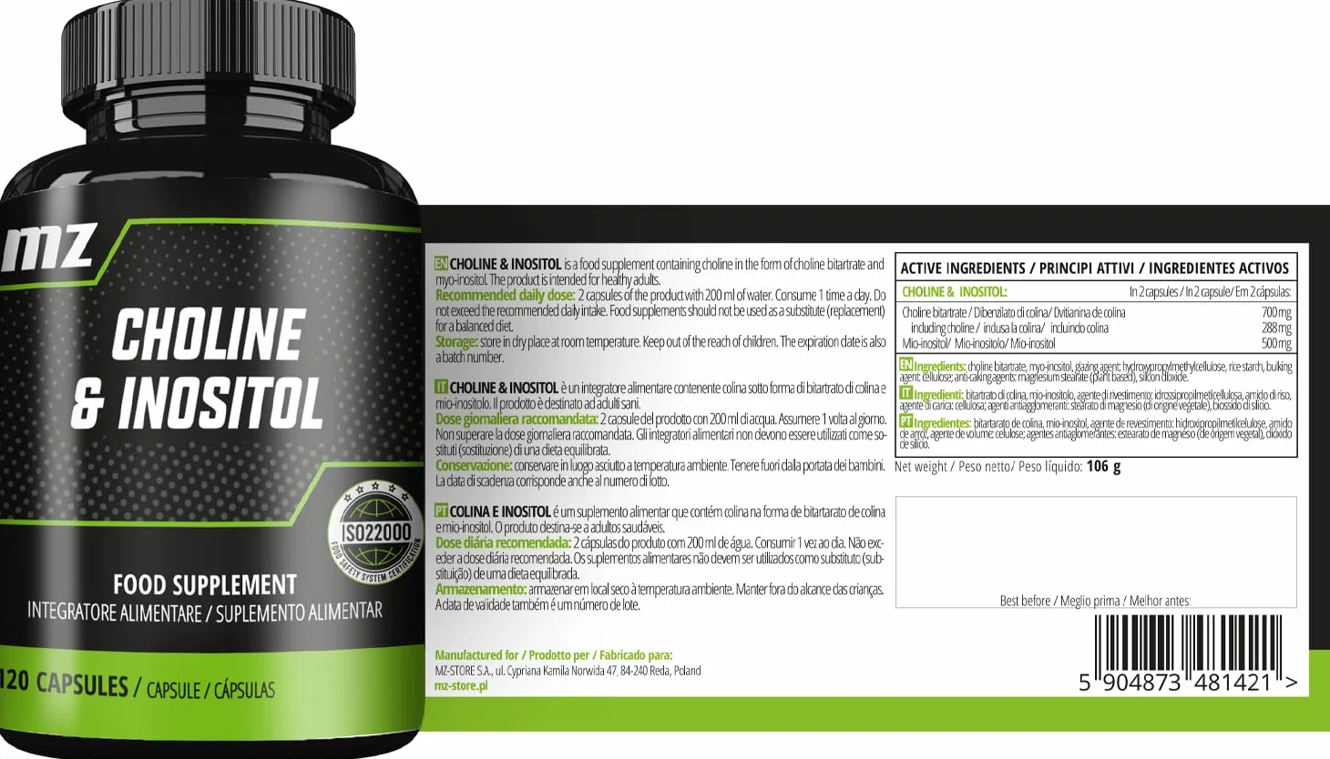 Colina e Inositolo 1200 mg 120 capsule integratore alimentare MZ