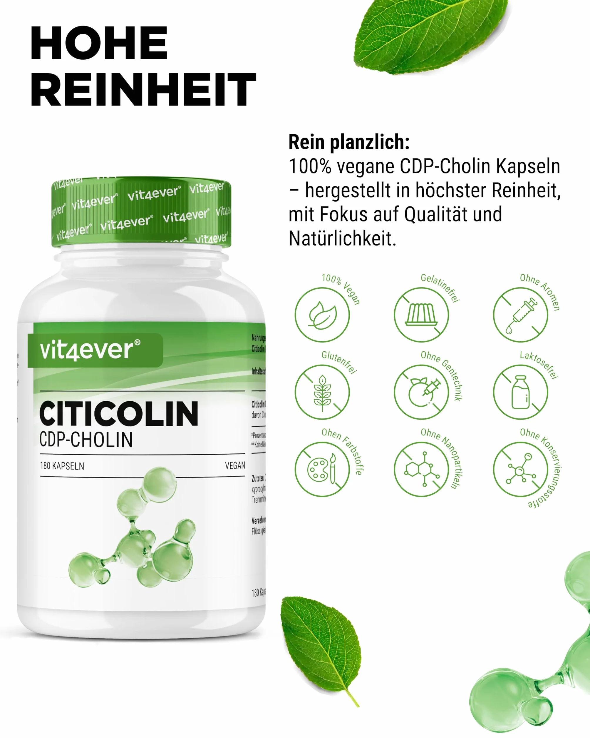 vit4ever CDP Colina (Citicolina) 250 mg - 180 Capsule - Alto Dosaggio e Forma Bioattiva di Colina - Vegano