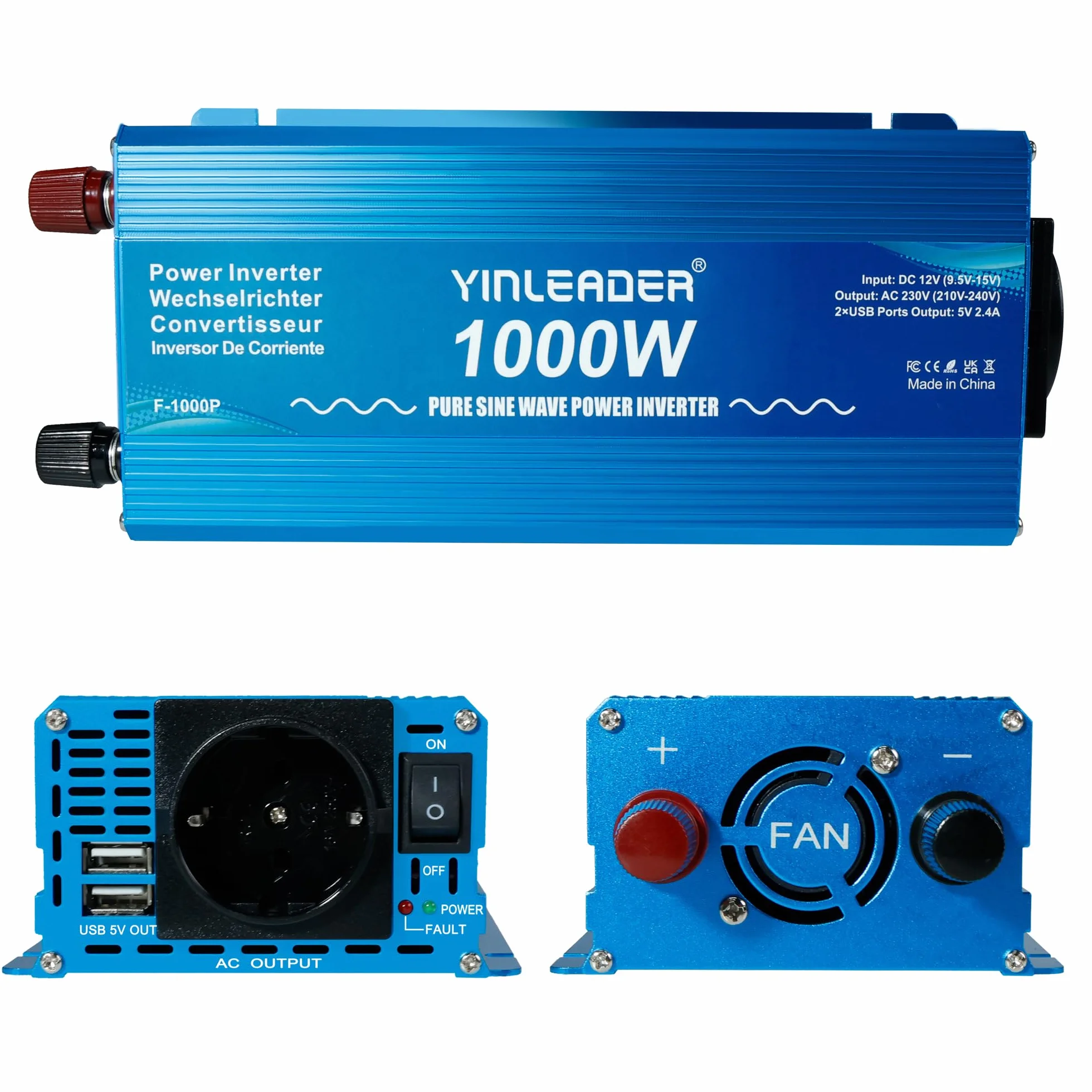 Yinleader 1000W 12V 230V Inverter a Onda Sinusoidale Pura per Camper