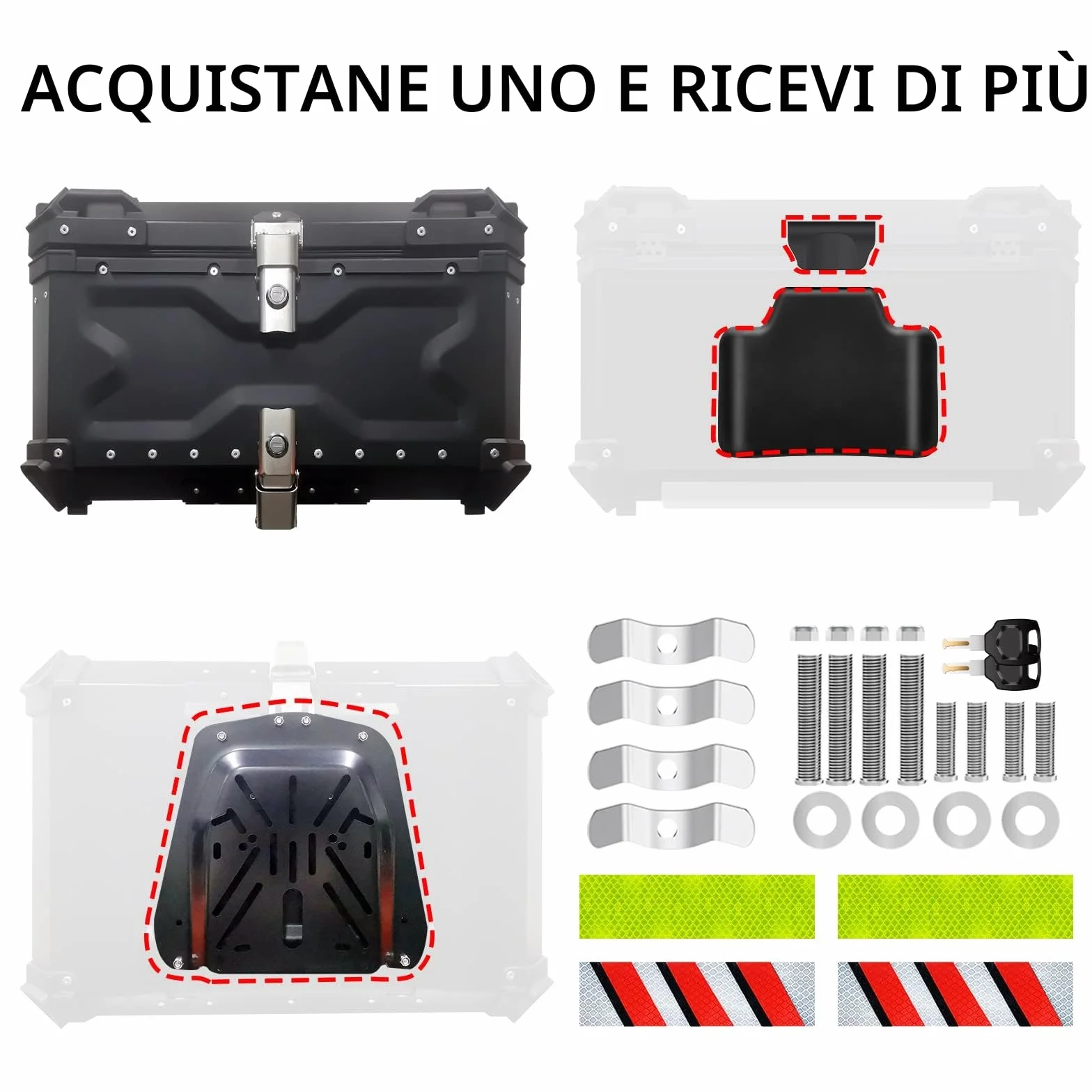 VOKKA Bauletto Moto, 65L Lega di Alluminio Bauletto, Impermeabile, Antipolvere e Antifurto, Bauletti Scooter per Conservazione Casco, Baule Moto con Schienale e Piastra di Base (Nero)