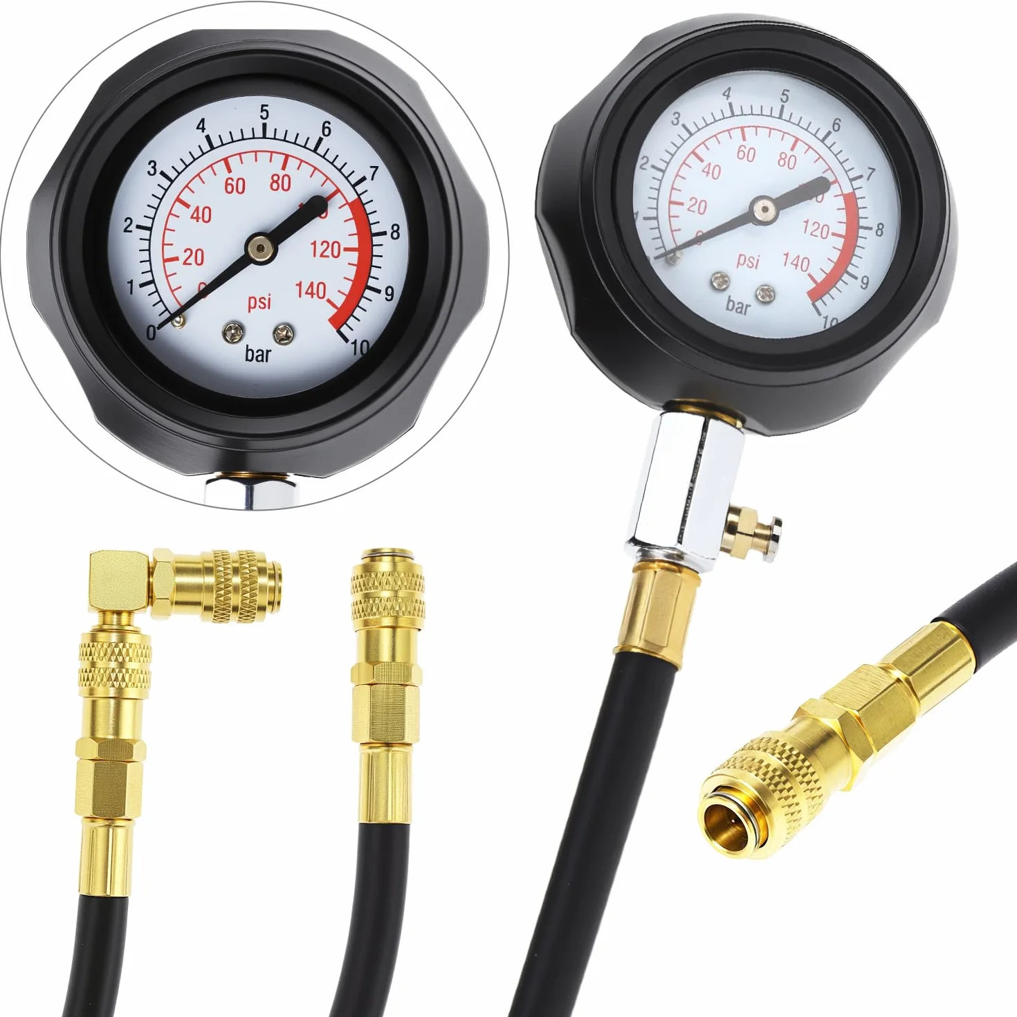 QWORK® Manometro per la pressione dell'olio, 140 PSI / 10 Bar, set di test per la pressione dell'olio nei cilindri motore con 10 adattatori, ideale per auto, moto e trattori