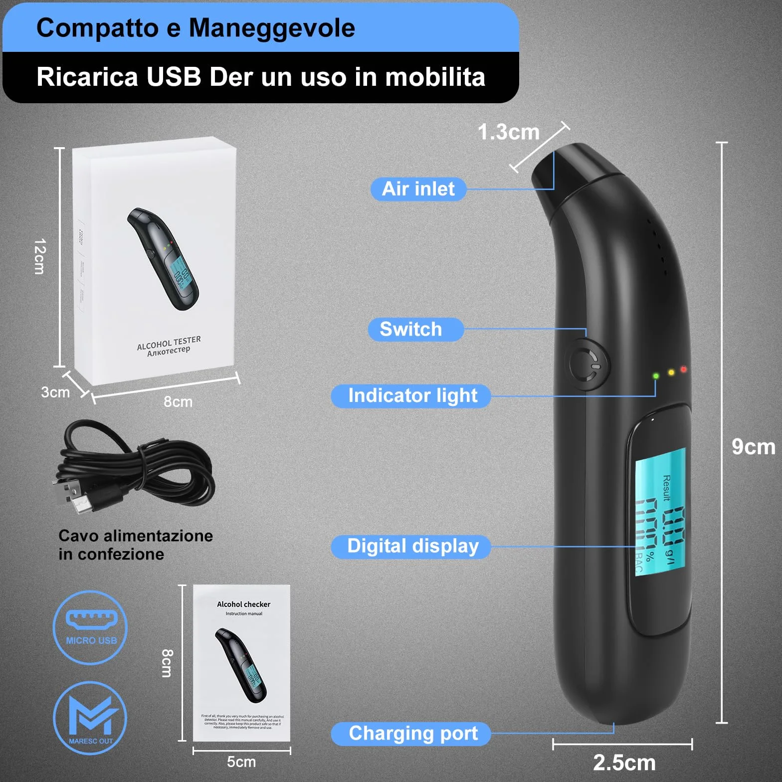 Etilometro Portatile,Alcol Test,con Digitale Display LCD,Manuale Incluso,Senza Boccagli,Design Compatto,Test di soffiaggio,Etilometro per Uso Personale e Professionale