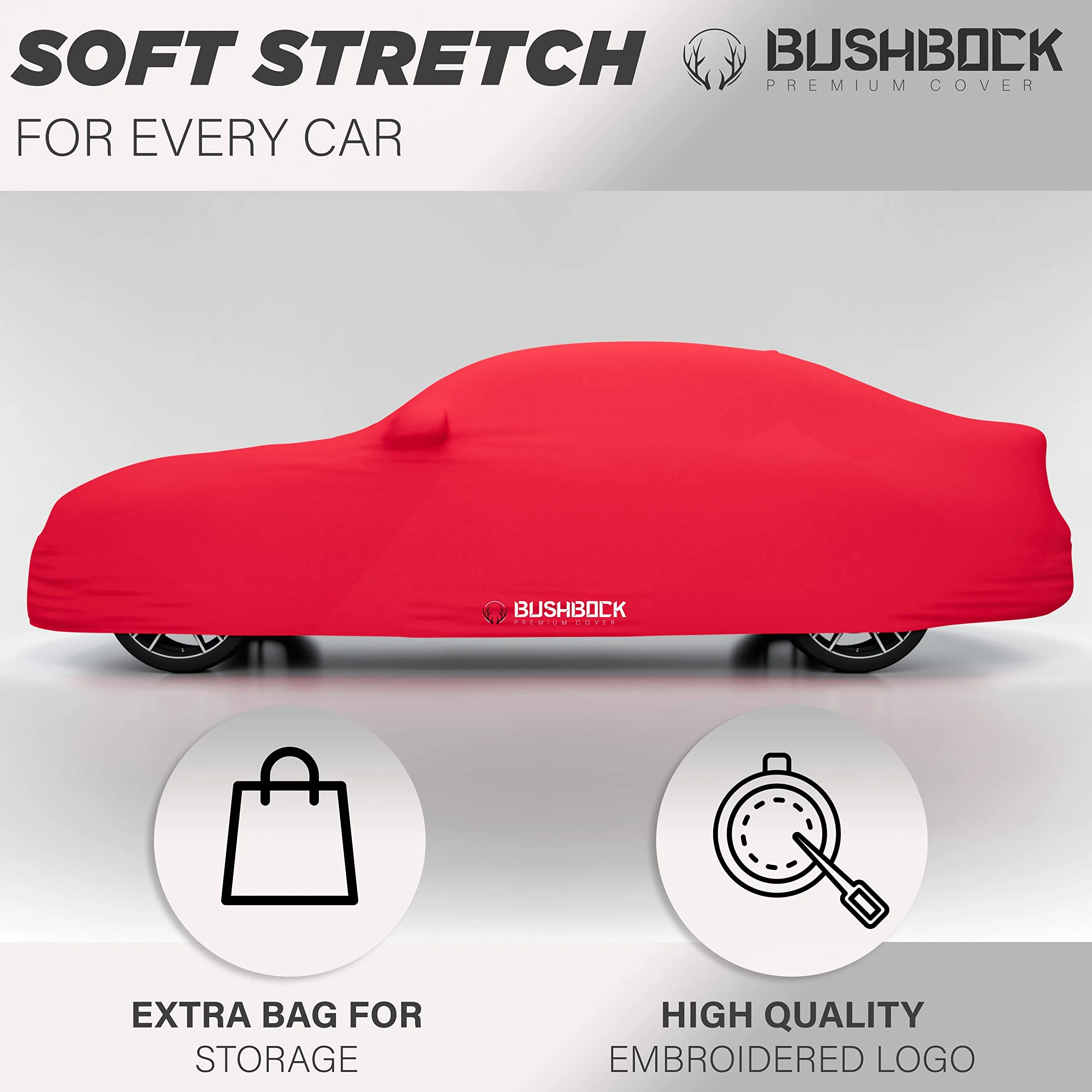BUSHBOCK Premium Copertura per auto da interno compatibile con tutte le principali Car, Tessuto Elastico, Traspirante e Antipolvere, Morbido al Tatto (M, Rosso)