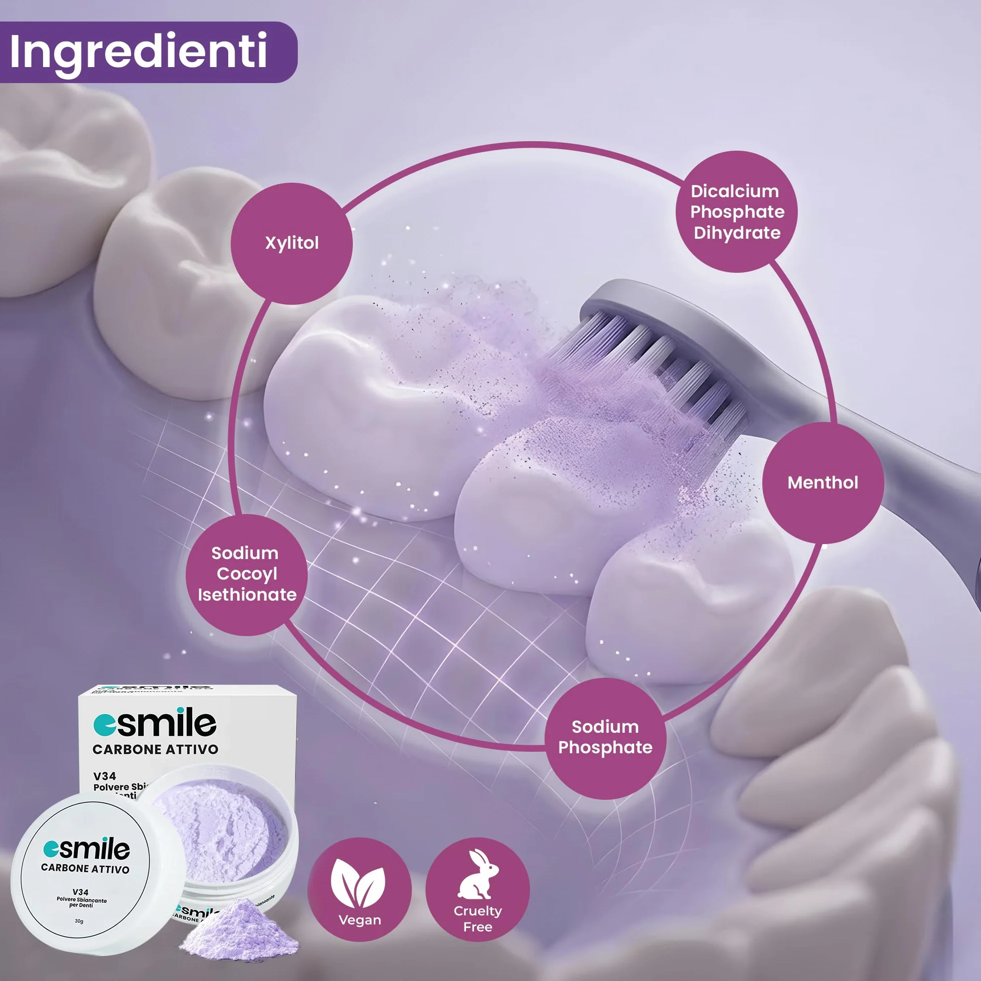 ESMILE Polvere Sbiancante Denti Immediato Carbone Attivo Naturale Menta Sbiancamento Professionale Pasta Denti Bianchi 30 gr