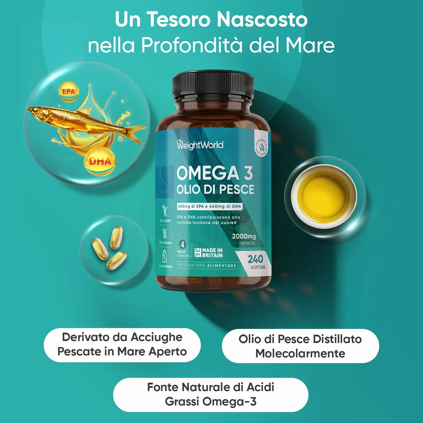 Omega 3 Olio di Pesce 2000mg 660mg EPA 440mg DHA Integratore 240 Softgel Acidi Grassi Essenziali