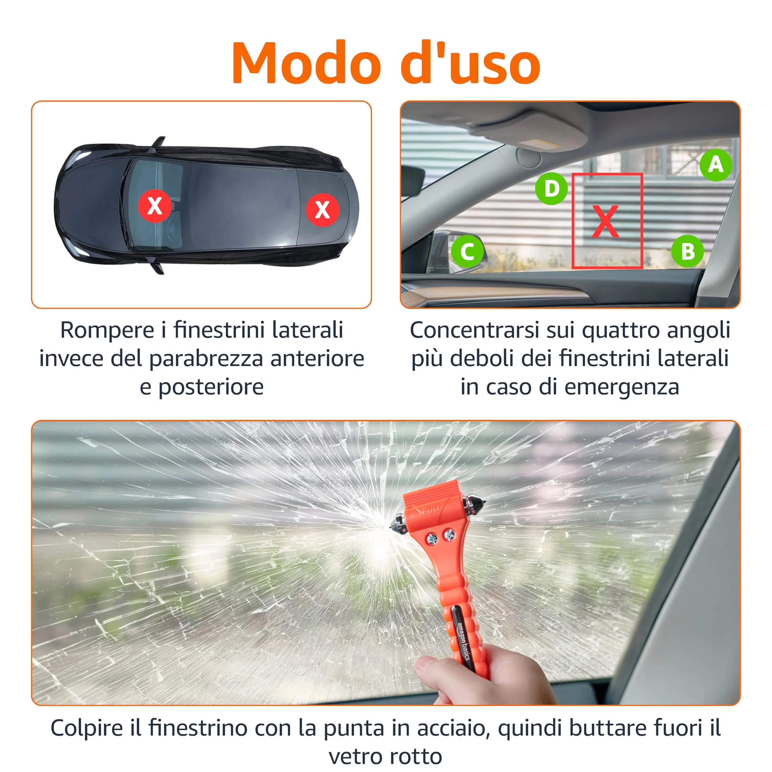 Amazon Basics Taglierino d'emergenza e martello rompivetro per cinture di sicurezza, confezione da 2