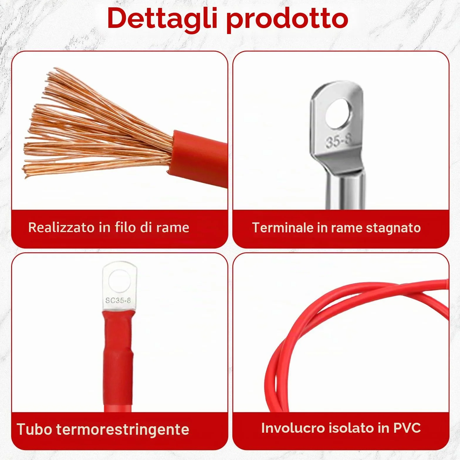 Cavi batteria 35mm²/2AWG, 2 pezzi di cavo in rame privo di ossigeno Rosso Nero, 100cm Cavo batteria 12v, Cavi batteria 35mm² con morsetti ad anello M8, Cavi batteria 12v per auto, moto, solare, camper