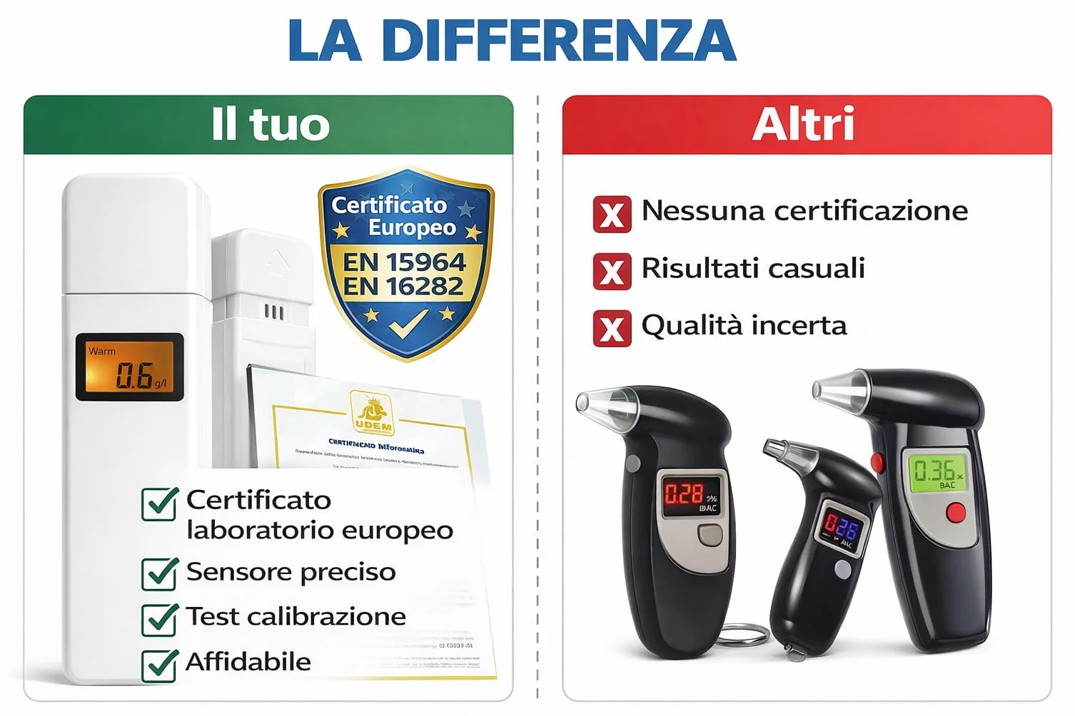 Generico Etilometro Professionale Certificato EN 15964 EN 16282 Alcol Test Digitale Preciso Sensore Display LCD