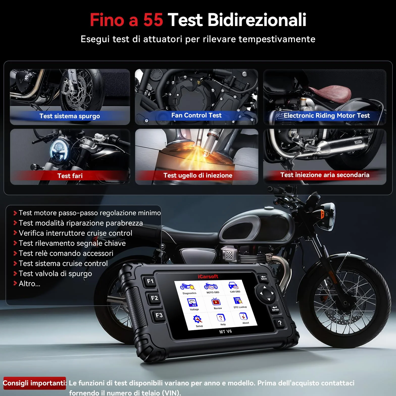 iCarsoft MT V6 Scanner diagnostico moto Triumph OBD2 58 servizi manutenzione 55 test bidirezionali