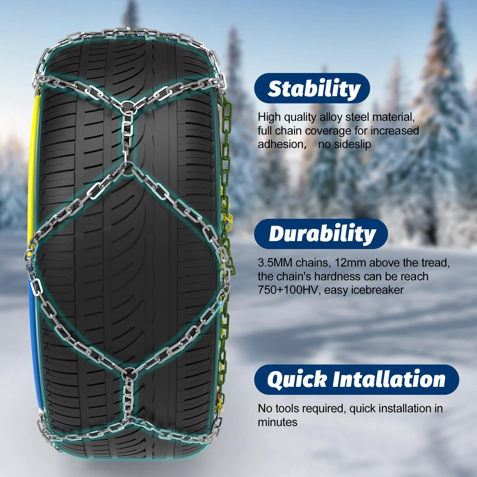 2 Pezzi x 12 mm Catene da Neve in Lega di Acciaio, Catene da Neve Durevoli per Auto con Tenditore (KN 60)