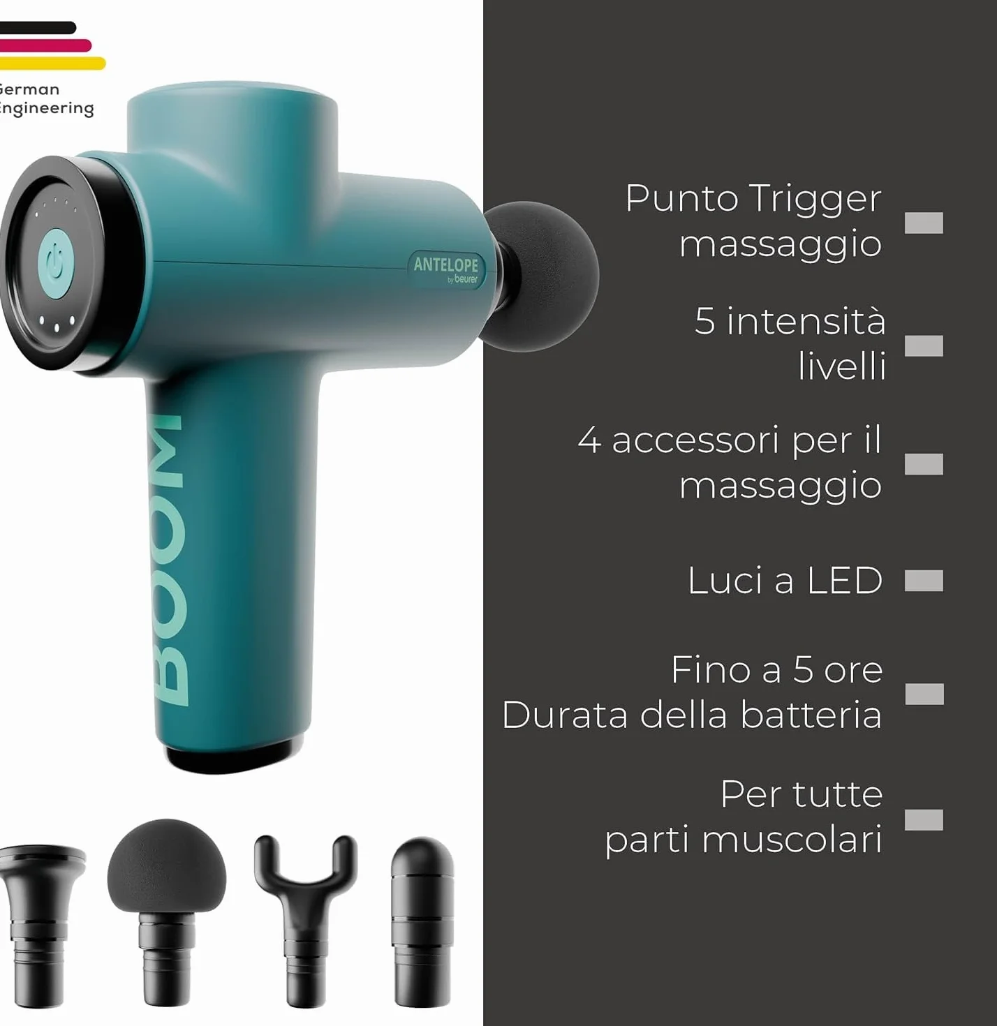 Beurer BOOM Pistola per Massaggio Muscolare compatta 4 accessori 5 livelli