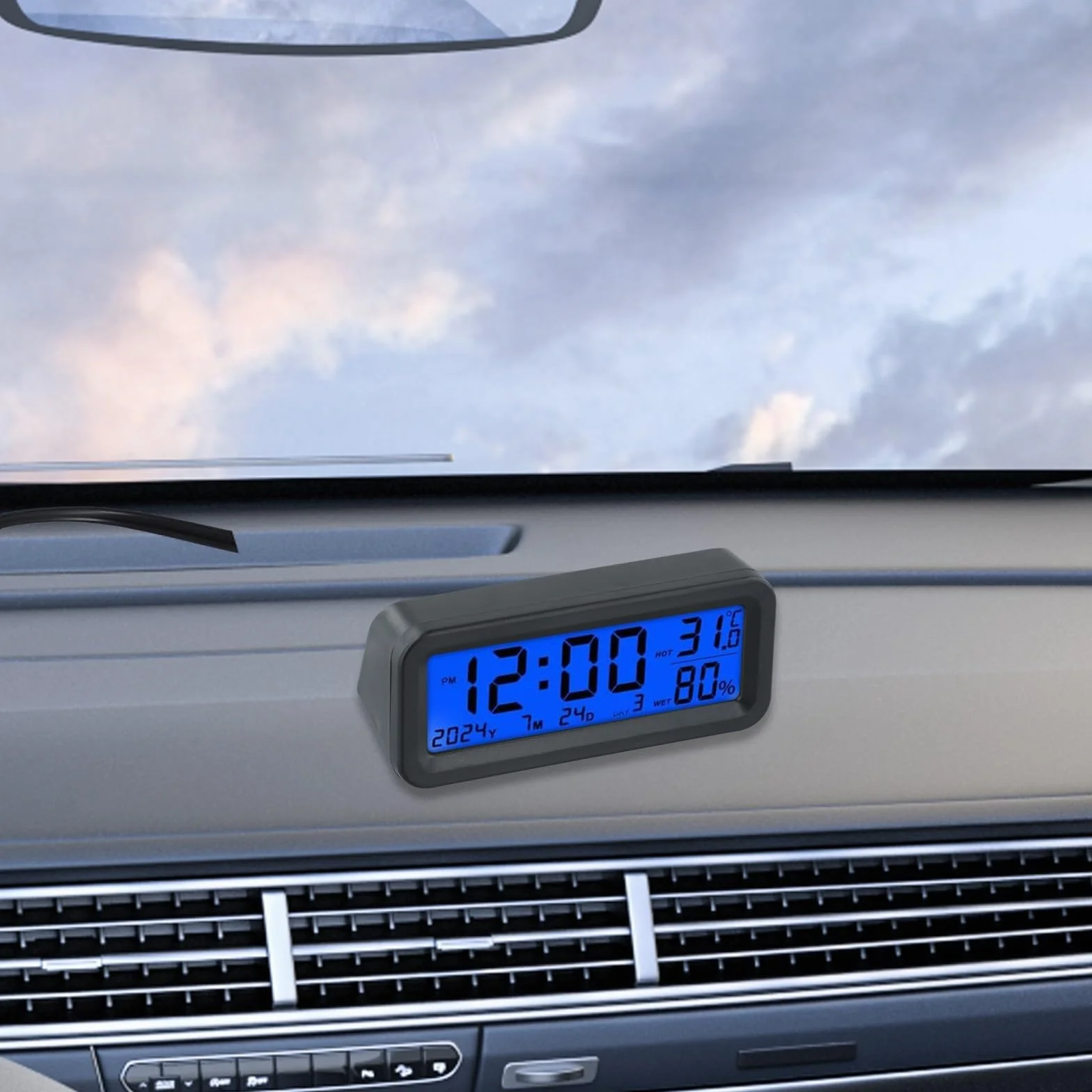 Mini orologio digitale a energia solare per cruscotto dell'auto con visualizzazione di data, temperatura e umidità, retroilluminazione automatica, ricarica solare, misurazione precisa dell'ora, blu