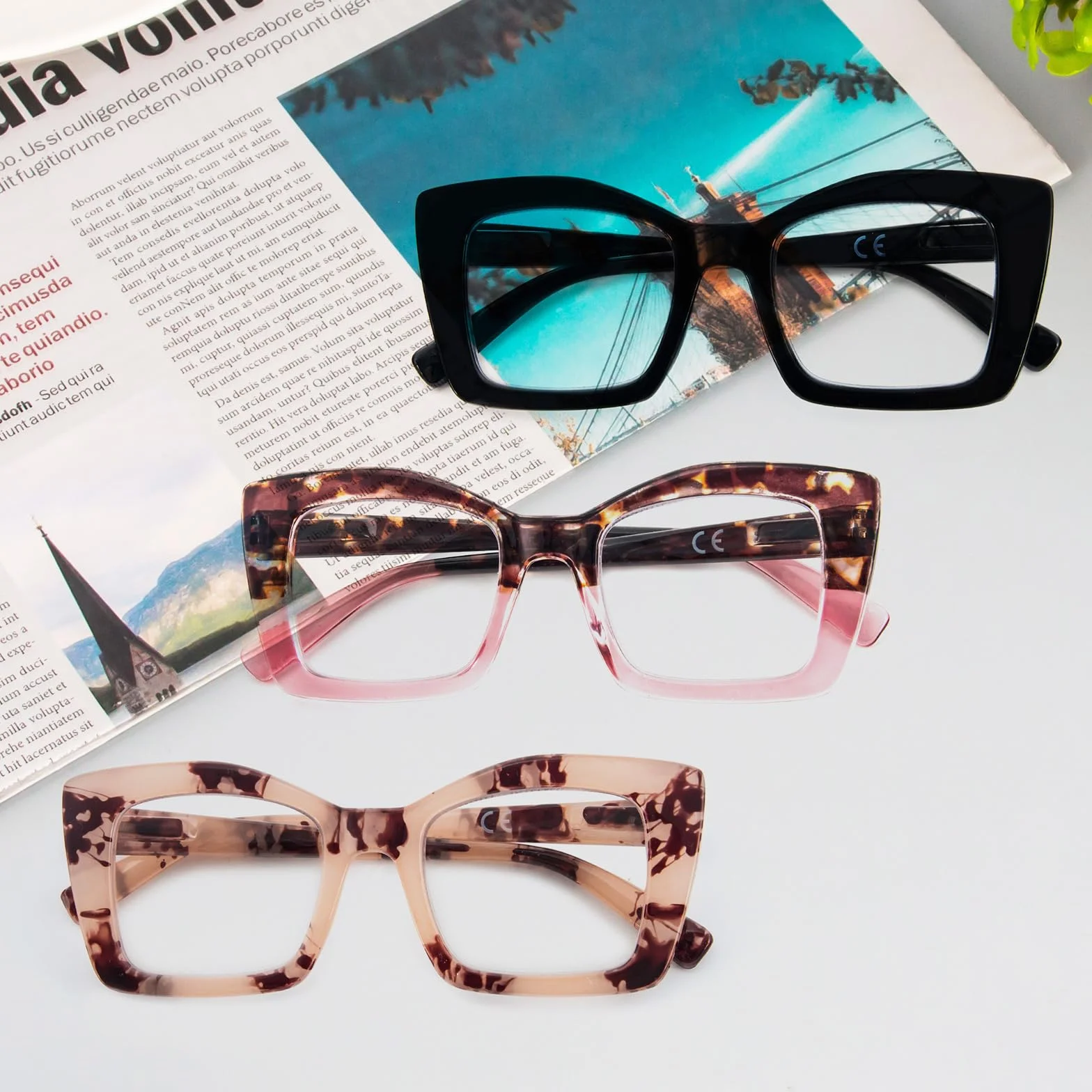 KoKoBin Occhiali da lettura quadrati Oversized con cerniere a molla per computer 3 Pack (Nero/Rosa Leopardo/Leopardo Rosa, Diottria)