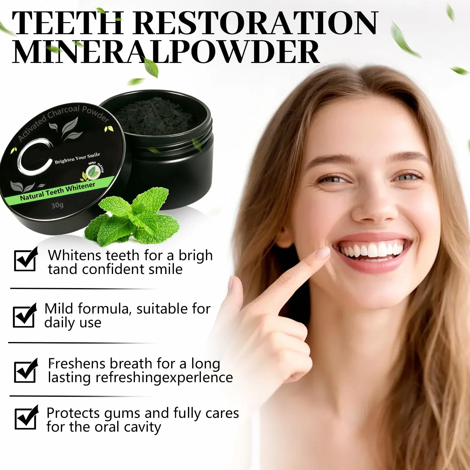 Polvere Sbiancante Per Denti 30g, Sbiancamento Professionale, Rimuove Macchie, Gusto Menta