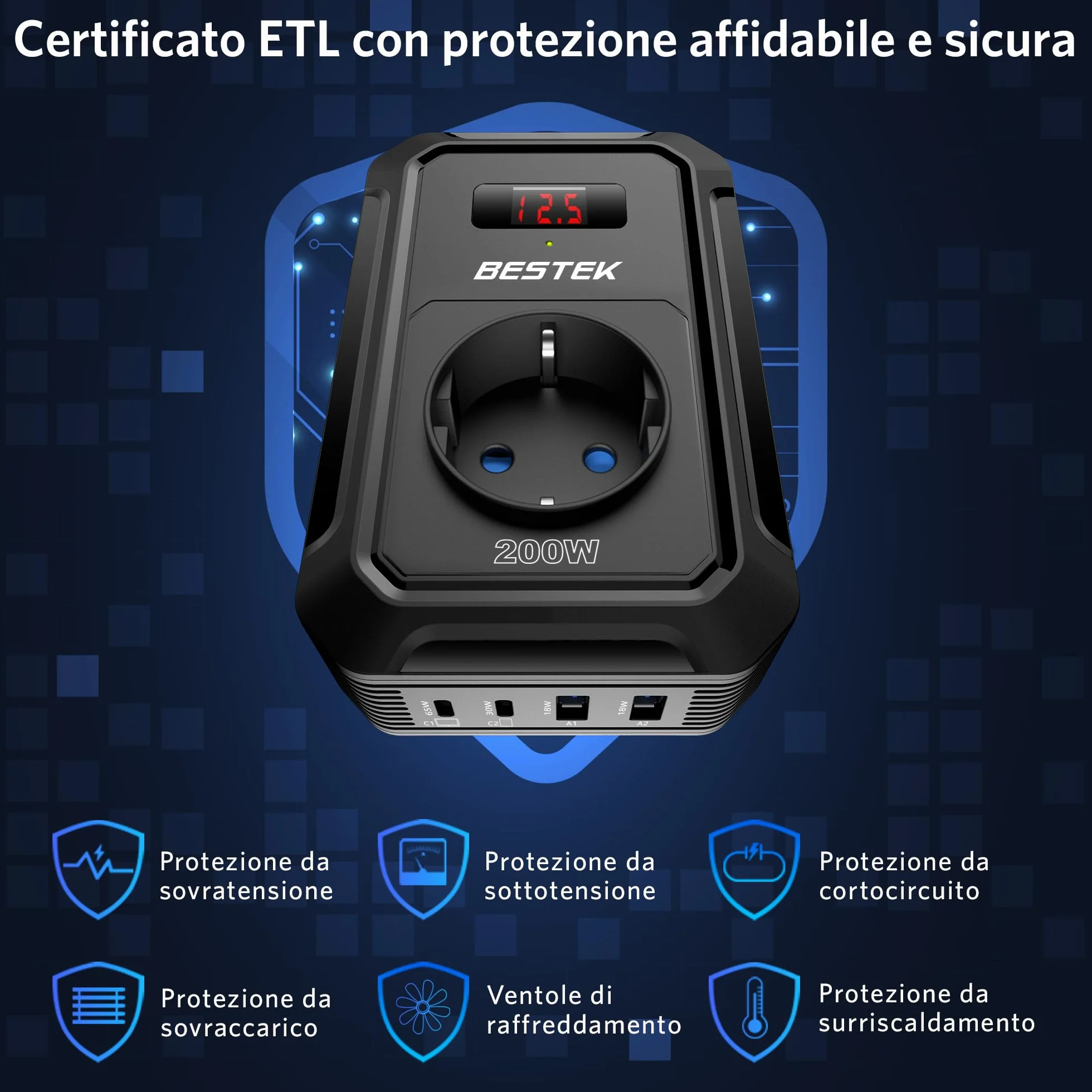 BESTEK Inverter di tensione 200 W 12 V a 240 V 230 V AC con 3 prese, 2 porte USB 18 W e 2 porte USB-C