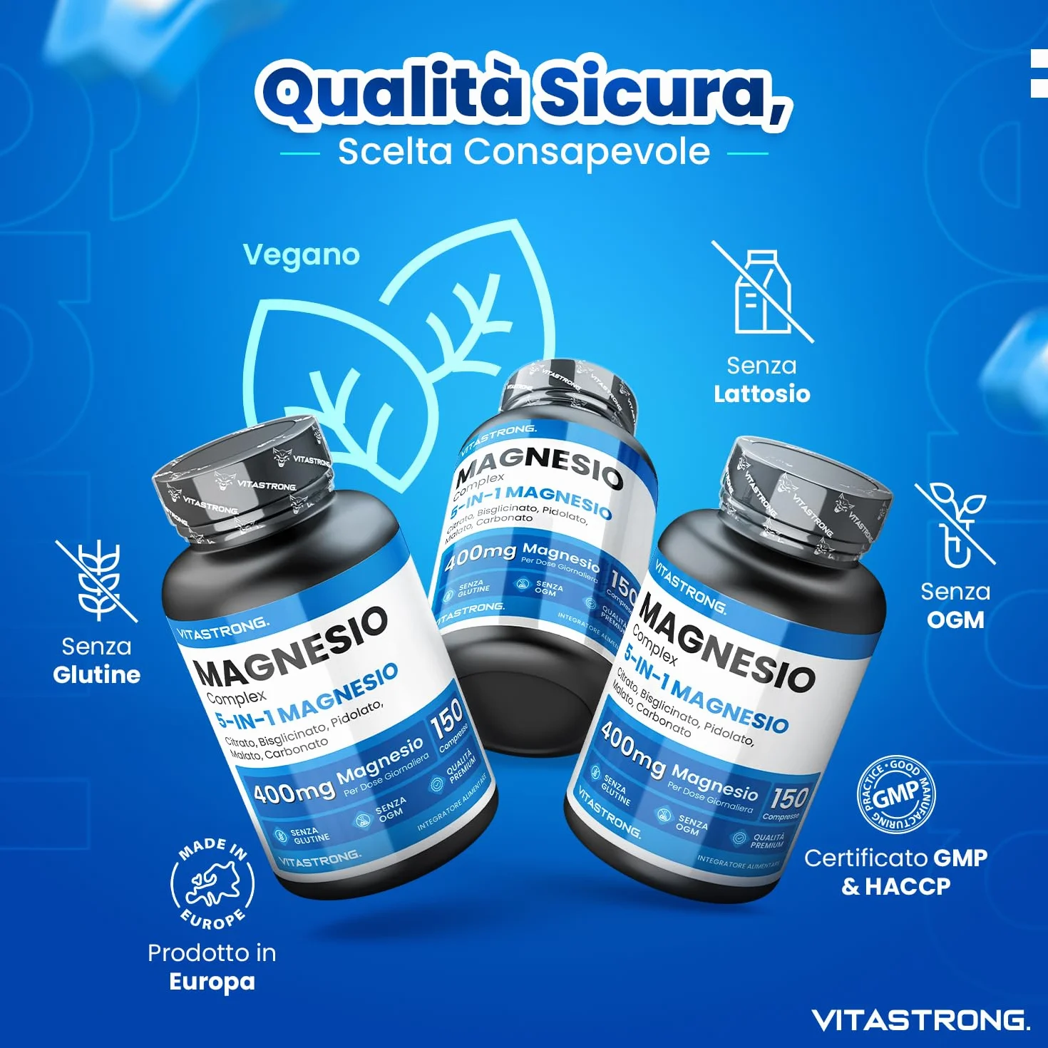 MAGNESIO COMPLETO 400mg 5 in 1 Magnesio Bisglicinato Citrato Pidolato Malato Carbonato Integratore Antistress