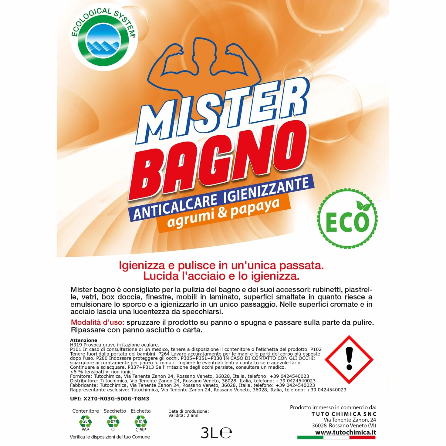 Mister Bagno Detersivo Bagno 3L Bag in Box Ecologico Agruni e Papaya
