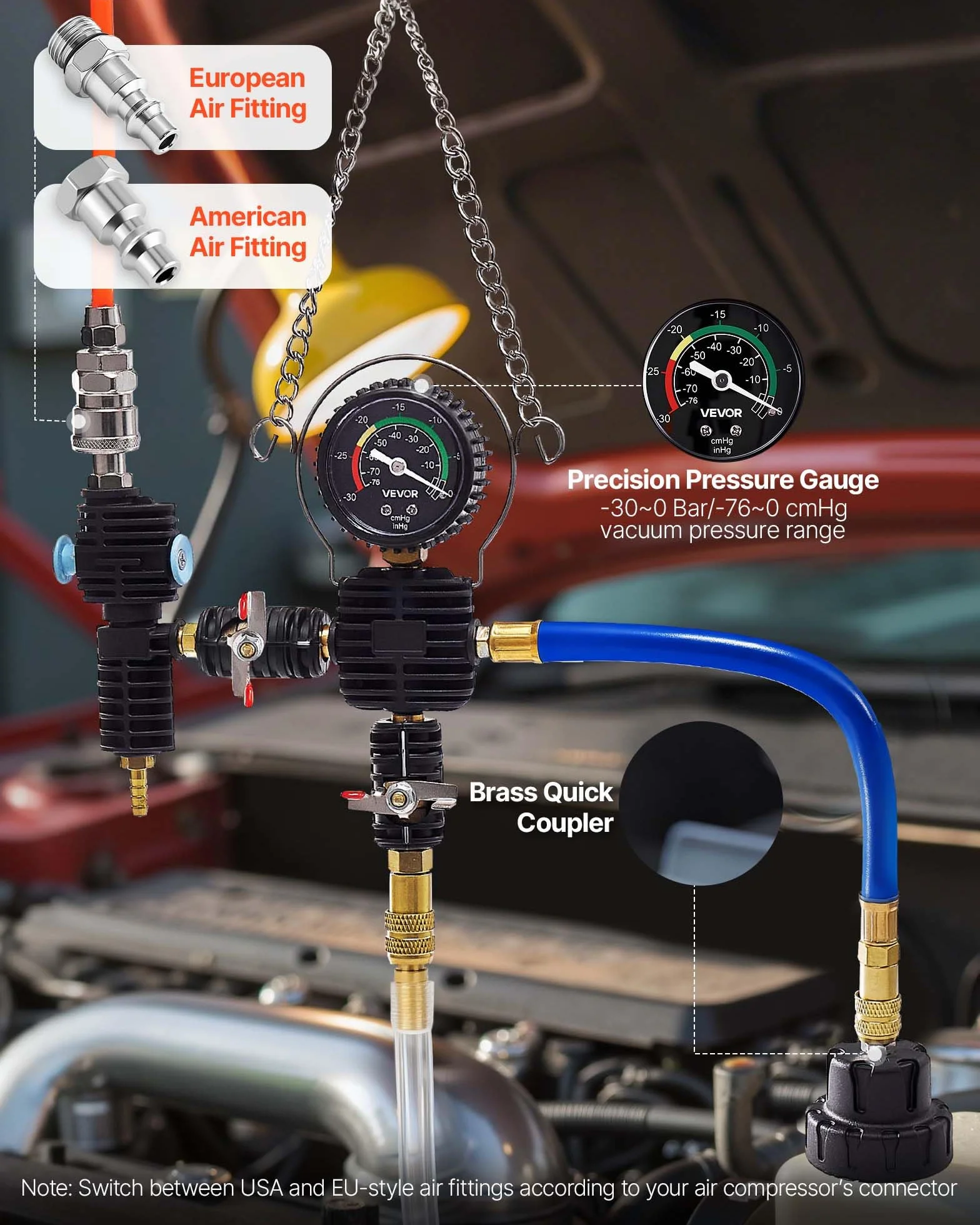 VEVOR Kit di Tester Manometri per Sistema di Raffreddamento da 47 Pezzi, Kit per Prova di Pressione del Radiatore con 3 Adattatori in Metallo, Misura Universale, Strumento di Prova per Autoveicoli