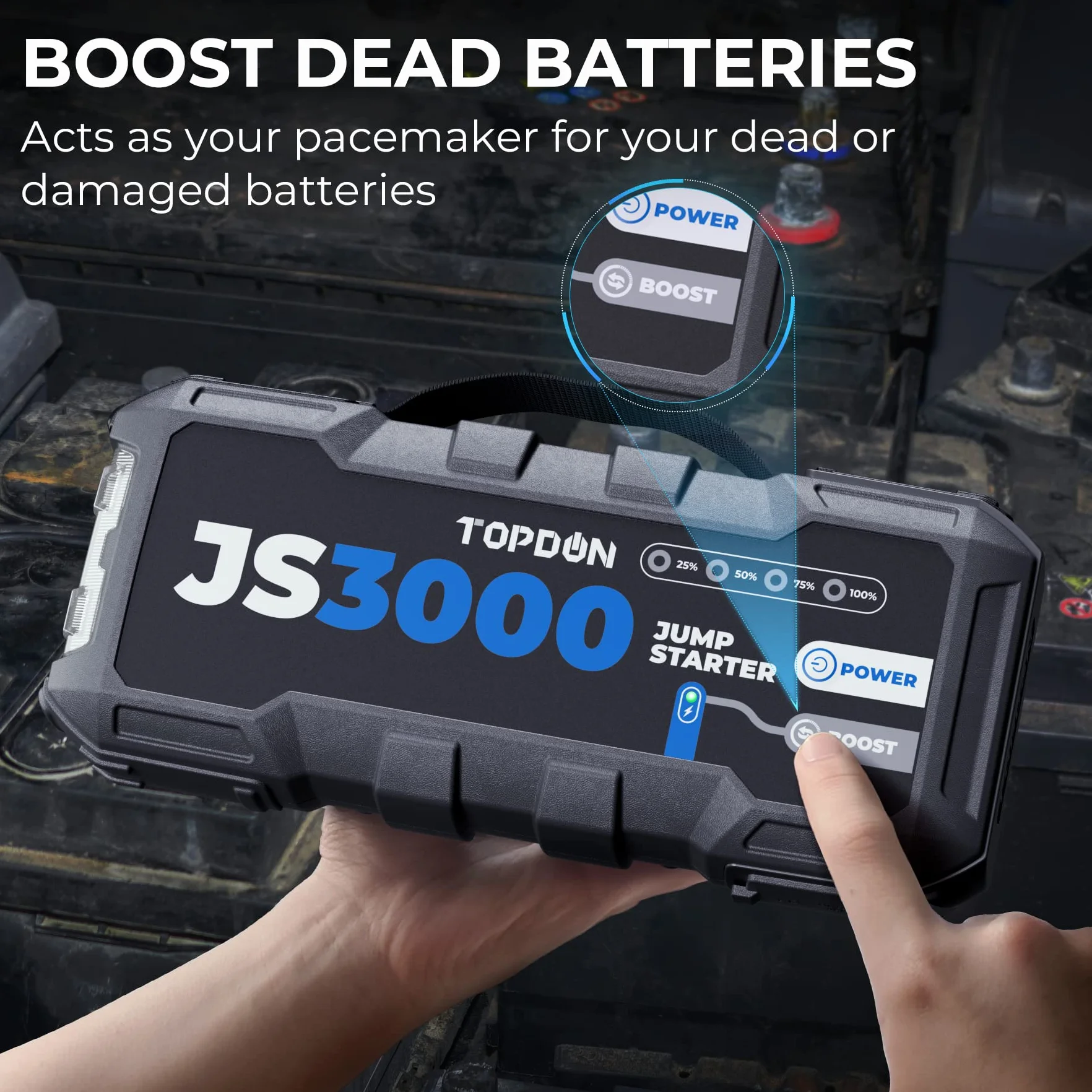 TOPDON Avviatore di emergenza, Avviatore di emergenza per batteria di picco da 3000A per motori diesel fino a 9L/7L, Starter di emergenza per batteria portatile da 12V con cavi jumper