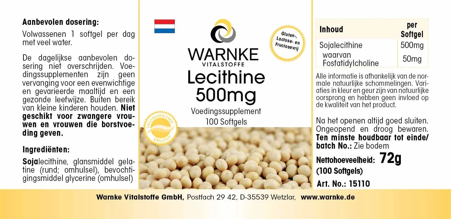Lecitina di soia capsule molli 500mg - No OGM - 100 Softgels - Warnke Vitalstoffe