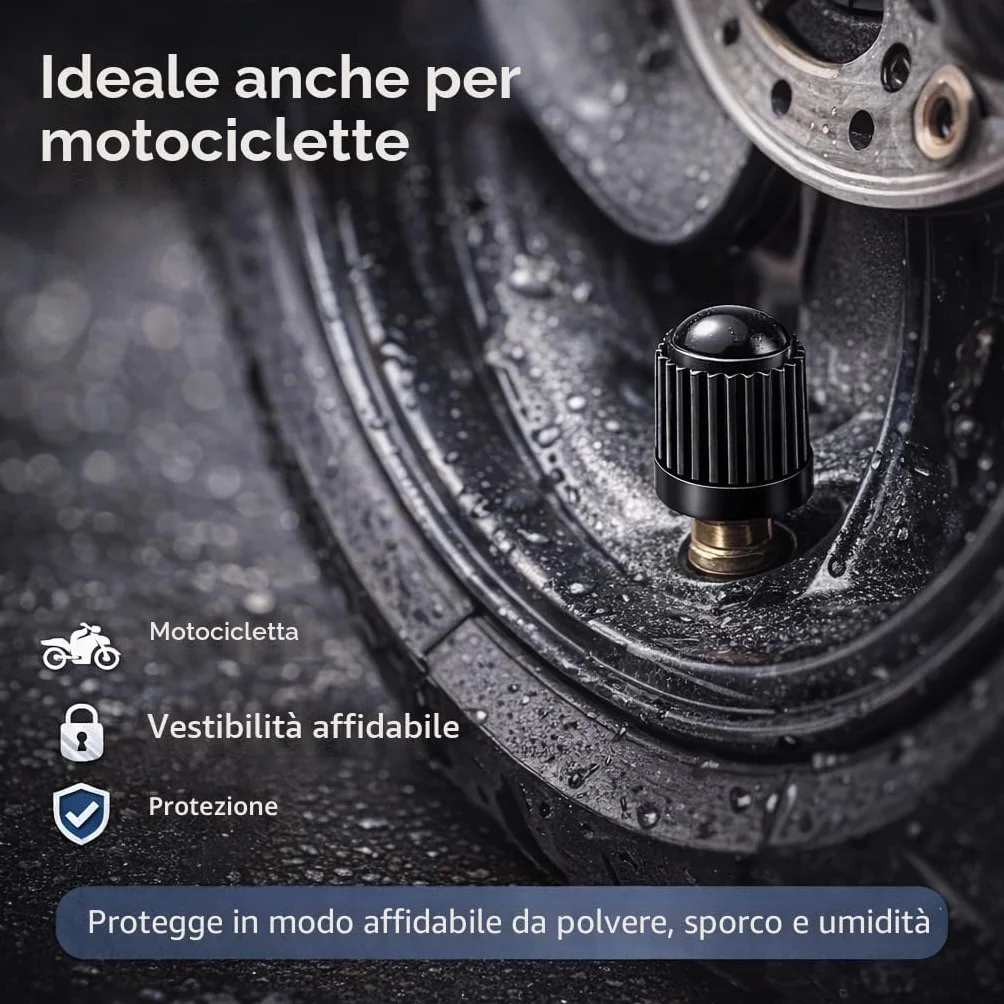 Cappucci Valvola Nero – Tappi Universali per Pneumatici Auto Moto Bicicletta – Accessorio Ruote Gomme