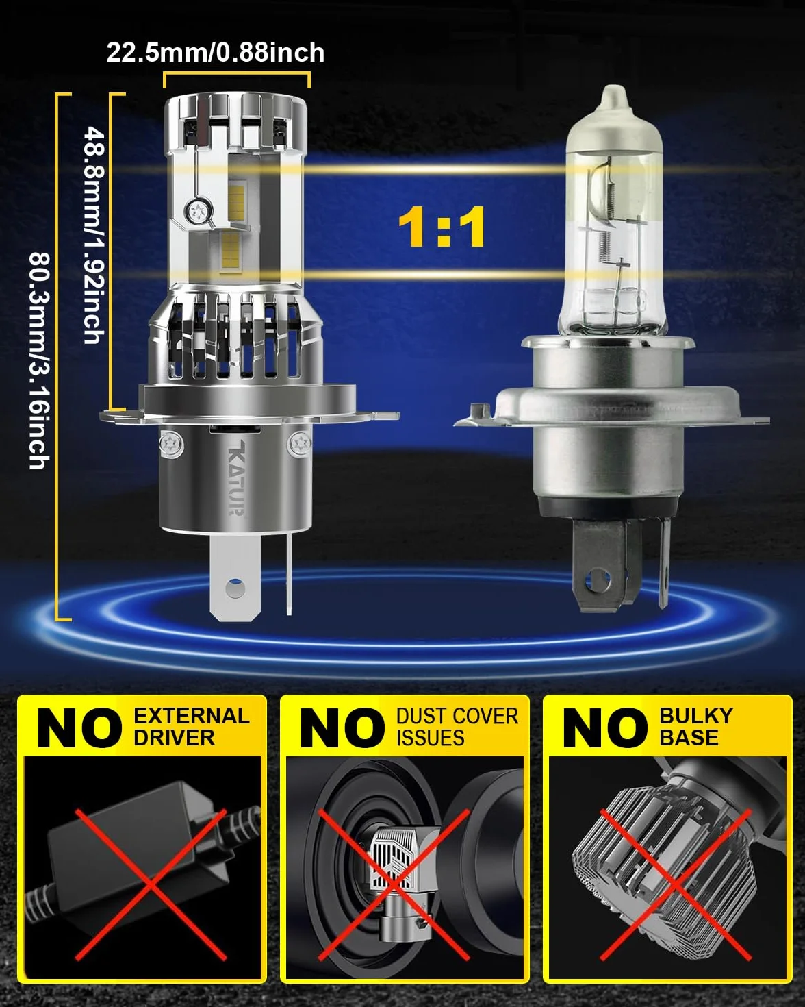 KATUR Lampadina LED H4 40000LM 200W 6000K Bianco Brillante 9003 HB2 Hi/Lo LED Confezione da 2