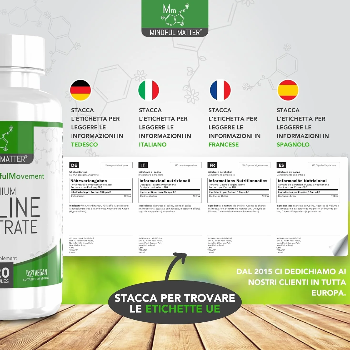 Colina Bitartrato 700mg Capsule - 120 Integratore Cholina Non-OGM Senza Glutine