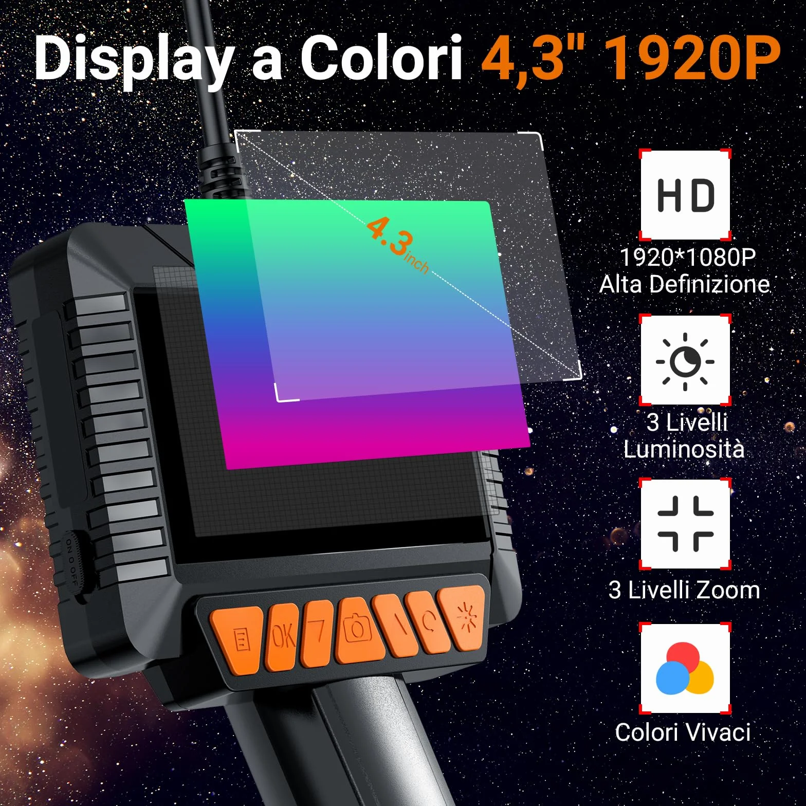 Endoscopio Digitale Industriale HD 1080P Telecamera Ispezione Tubi 4,3" Schermo Palmare IP67 Impermeabile Sonda 8 LED Cavo Semirigido 5 M