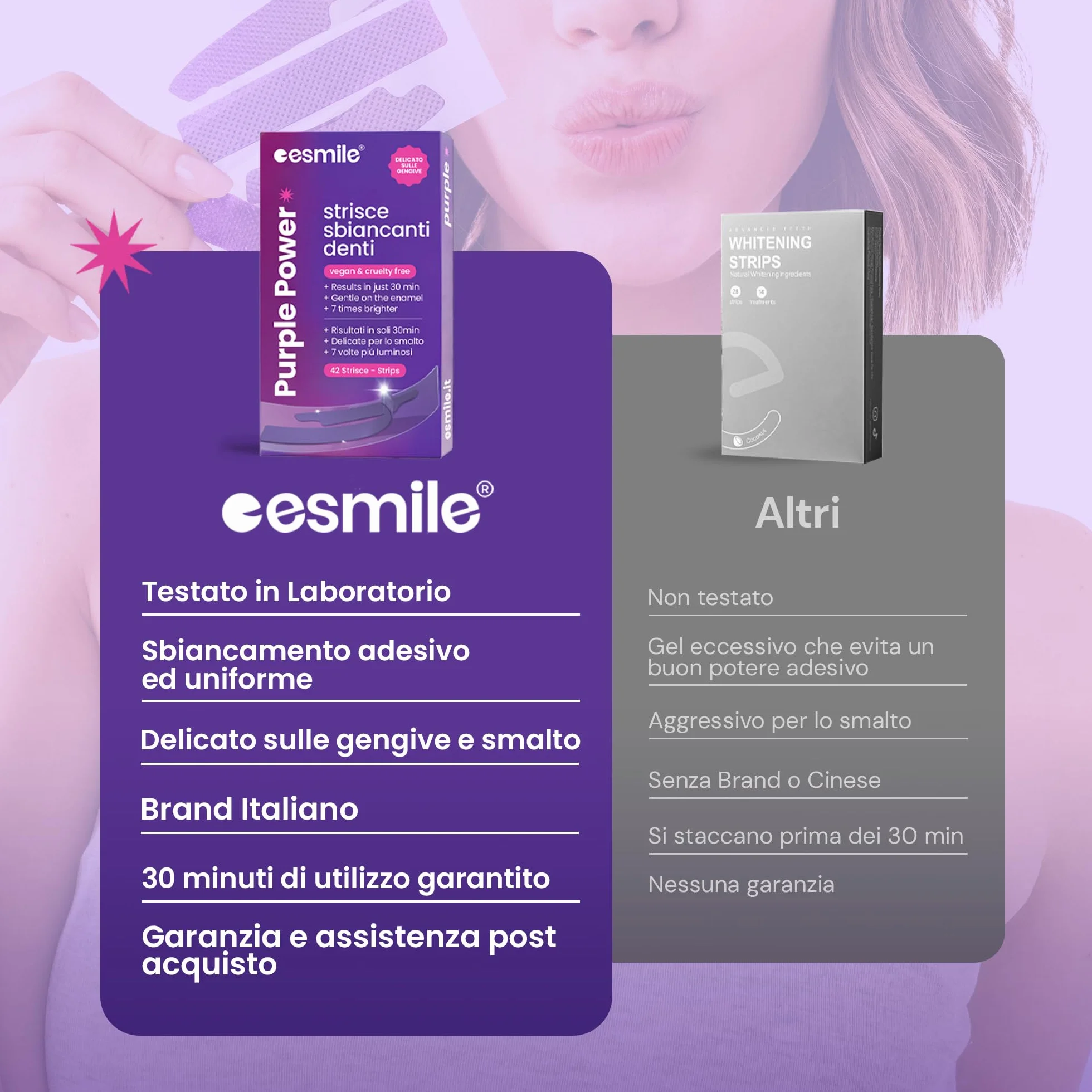 ESMILE 42 Strisce Sbiancanti Denti Professionali Viola - Sbiancamento Denti Rapido a Casa per Macchie da Caffè, Vino, Fumo