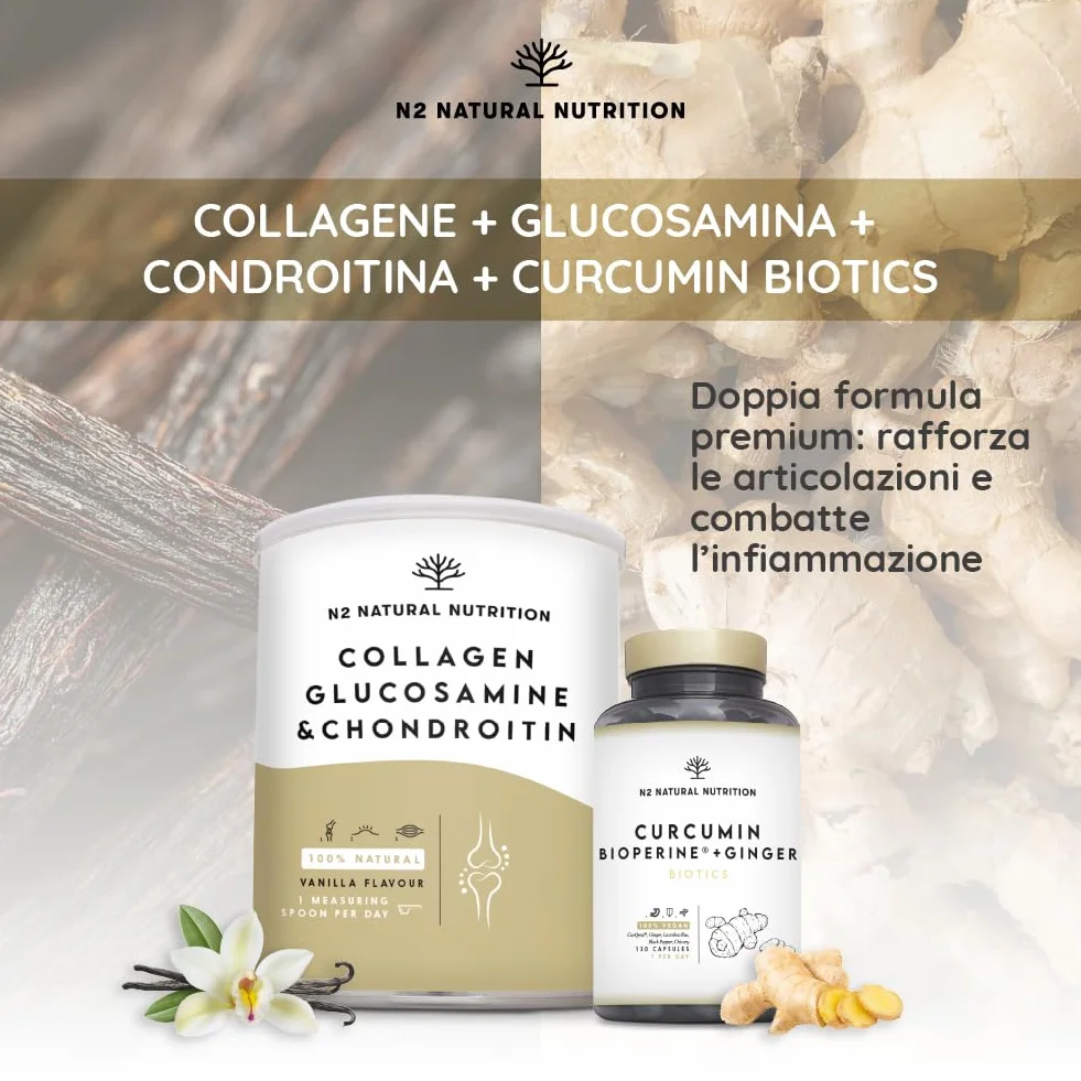 N2 Natural Nutrition Glucosamina 1500mg Condroitina 1200mg Collagene Idrolizzato 10000mg Acido Ialuronico Vitamina C